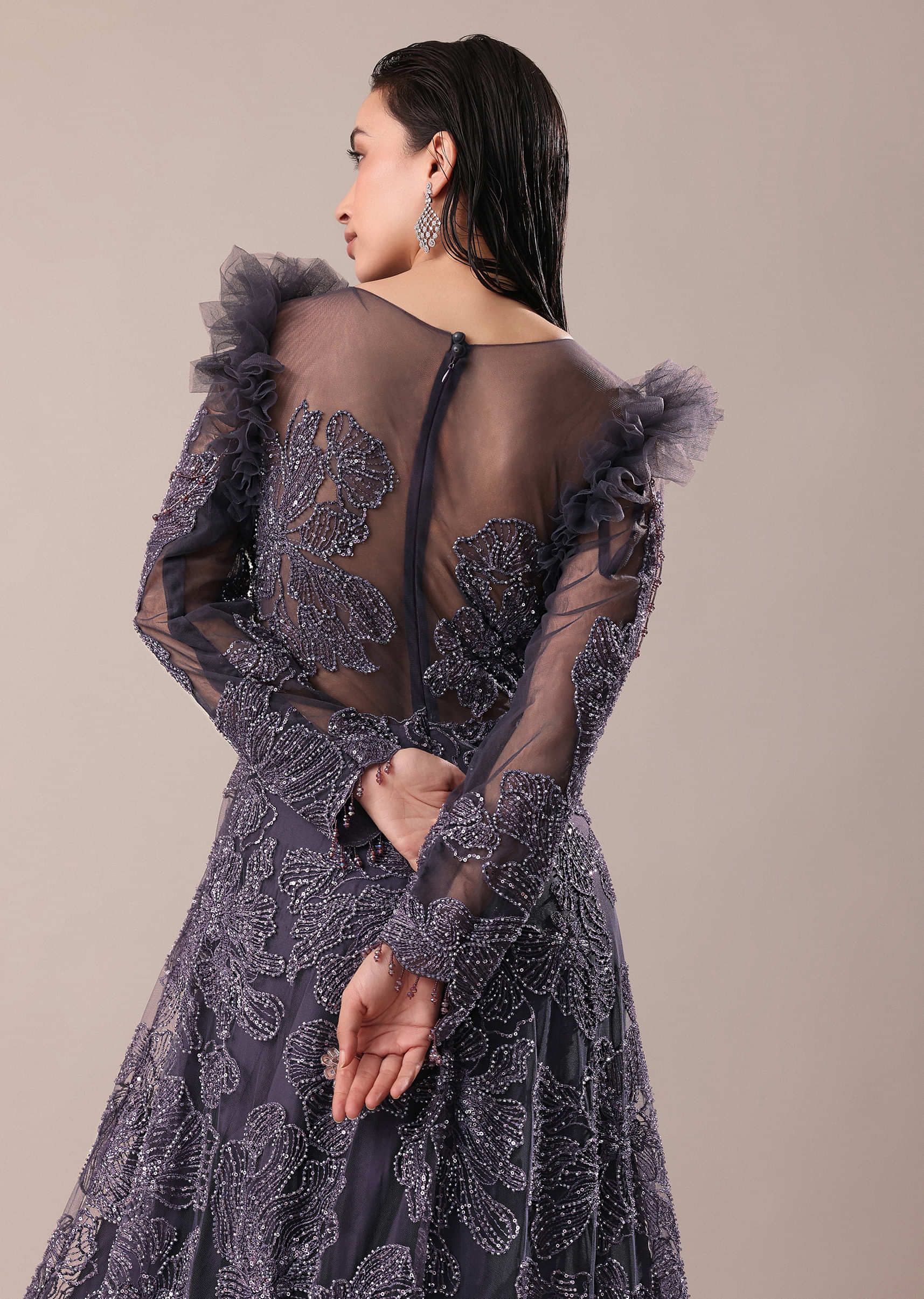 Dark Purple Embroidered Fancy Ruffle Gown - Image 3