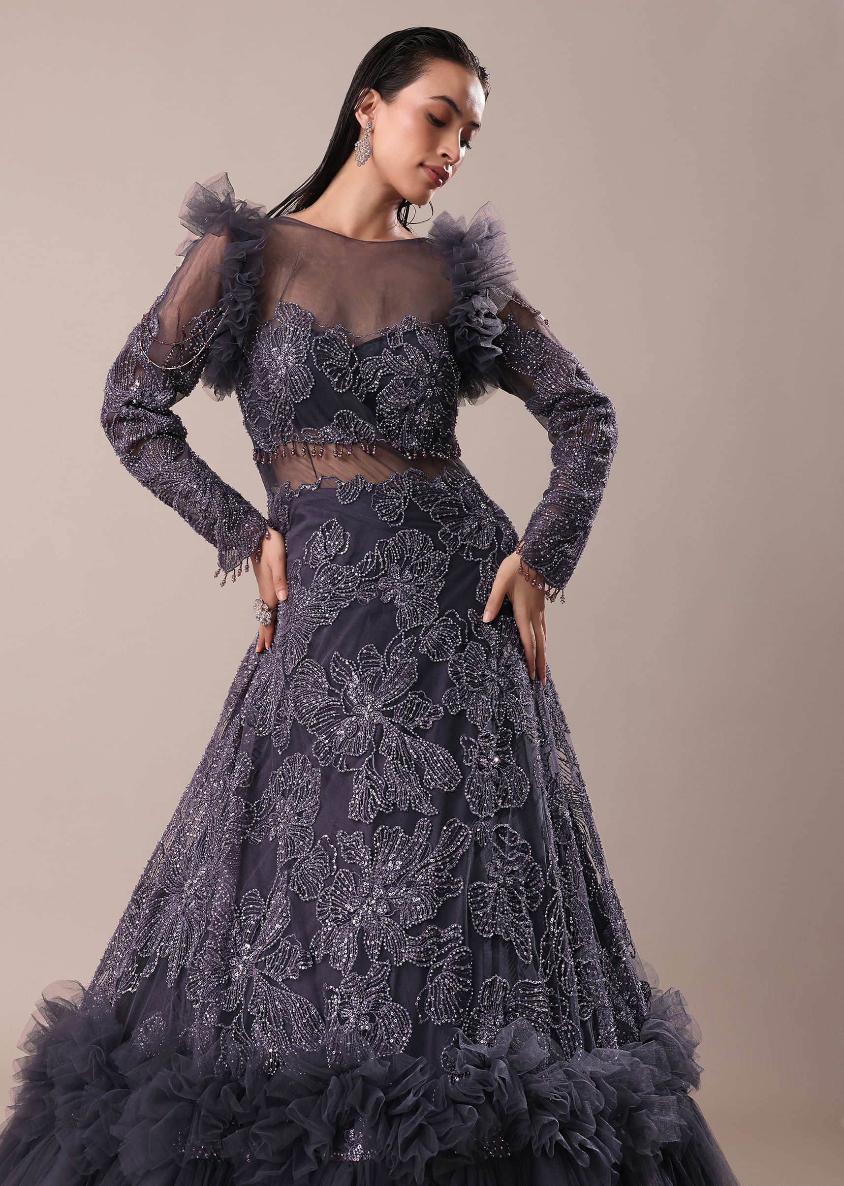 Dark Purple Embroidered Fancy Ruffle Gown - Image 4