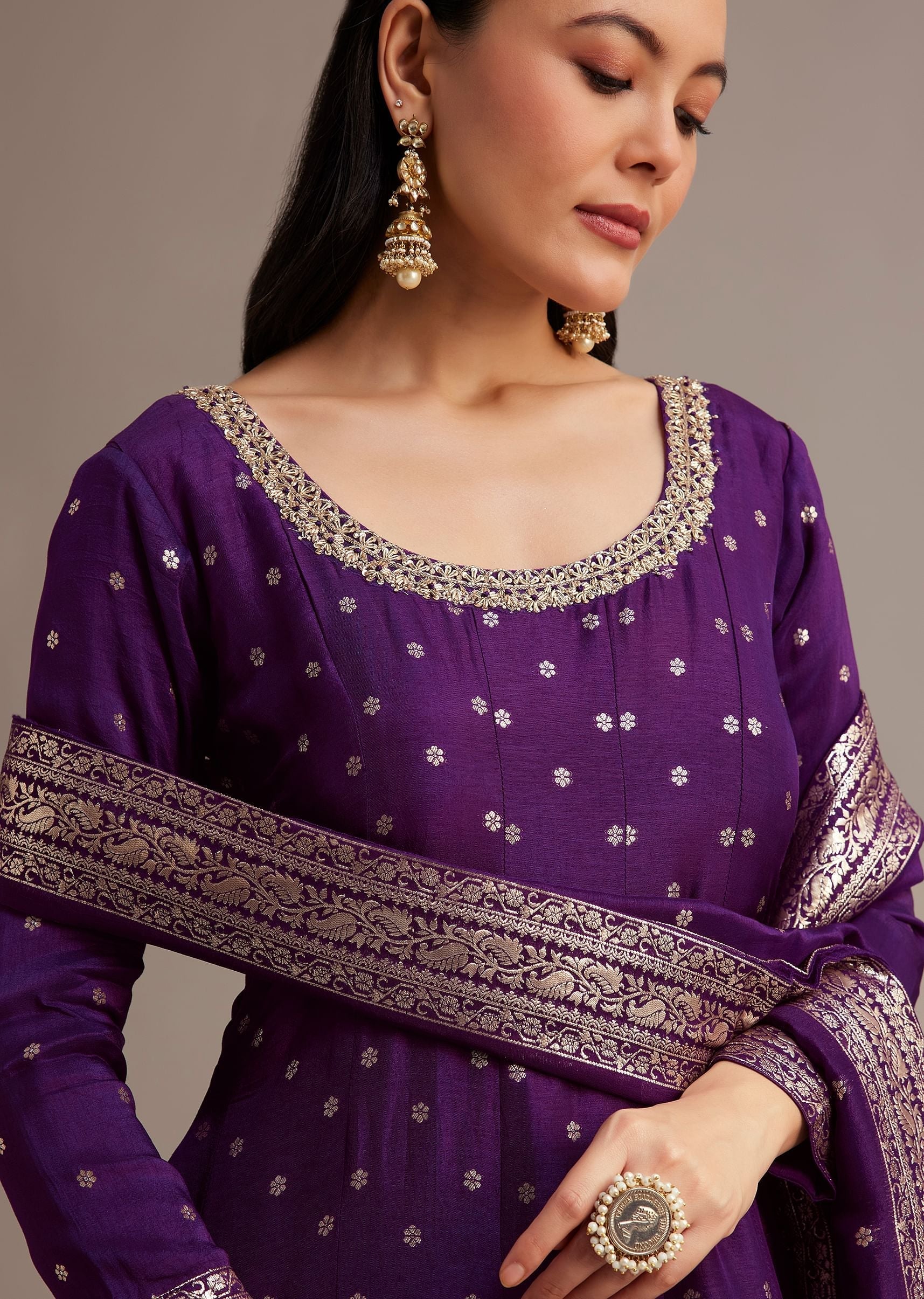 Dark Purple Gold Weave Anarkali Set With Banarasi Dupatta - Image 2