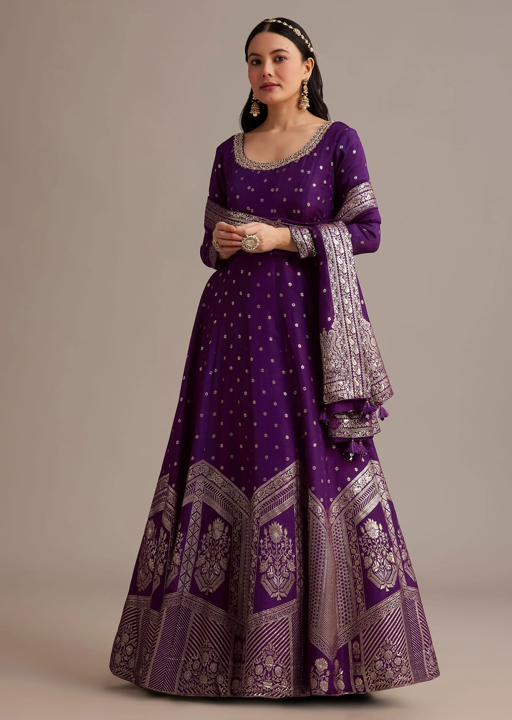 Dark Purple Gold Weave Anarkali Set With Banarasi Dupatta - Image 3