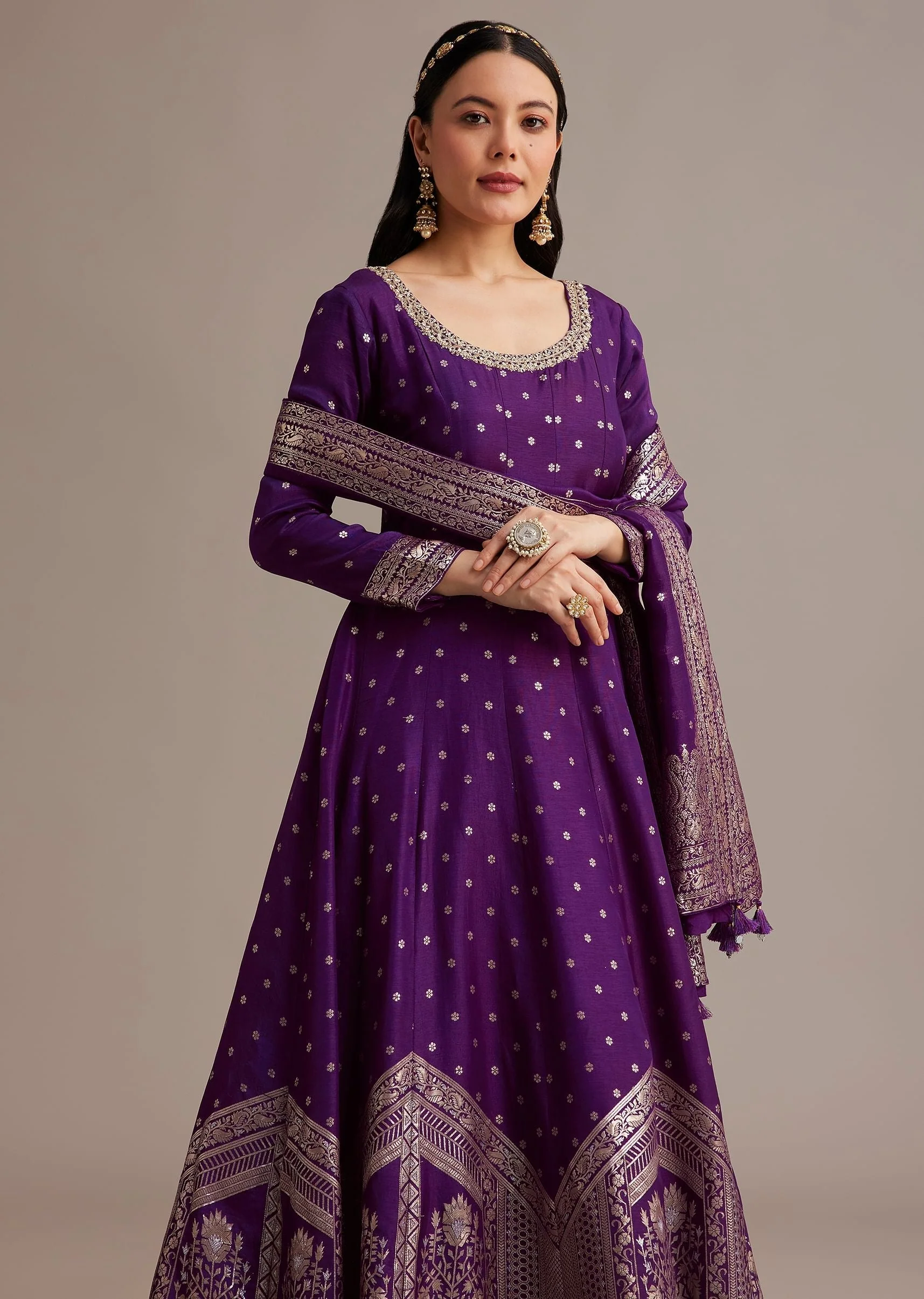 Dark Purple Gold Weave Anarkali Set With Banarasi Dupatta - Image 4