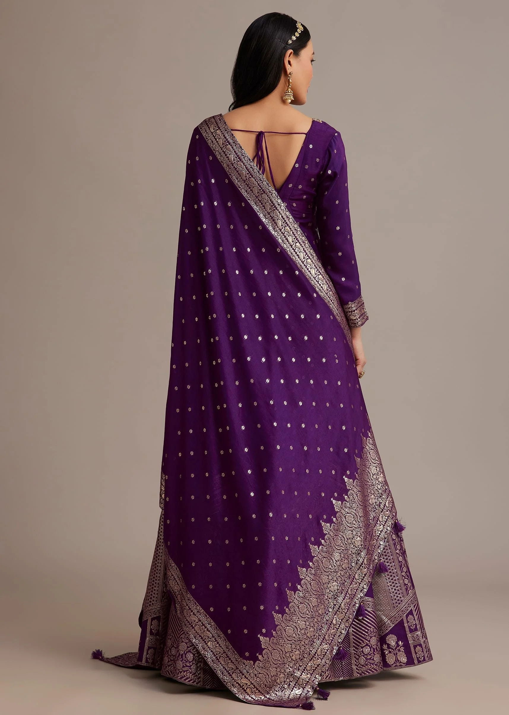 Dark Purple Gold Weave Anarkali Set With Banarasi Dupatta - Image 5