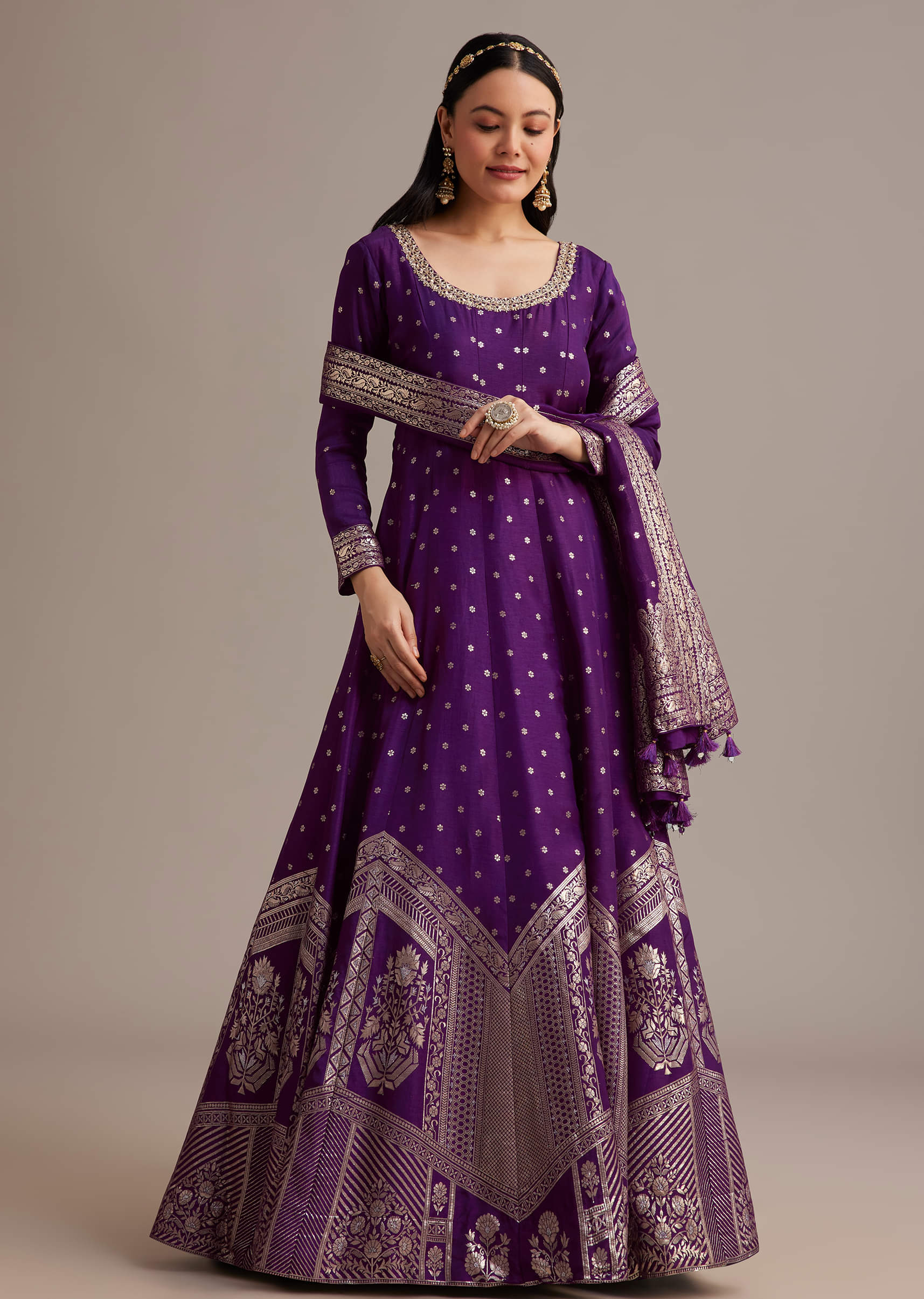 Dark Purple Gold Weave Anarkali Set With Banarasi Dupatta - Image 6