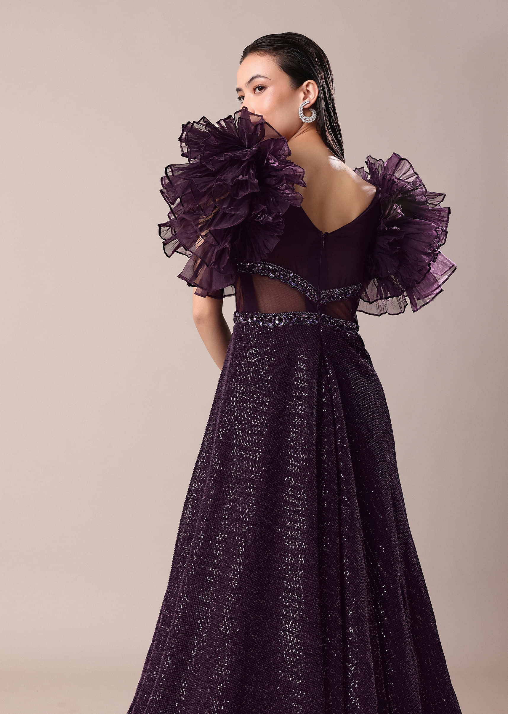 Dark Purple Hand Embroidered Ruffle Sleeve Gown - Image 4