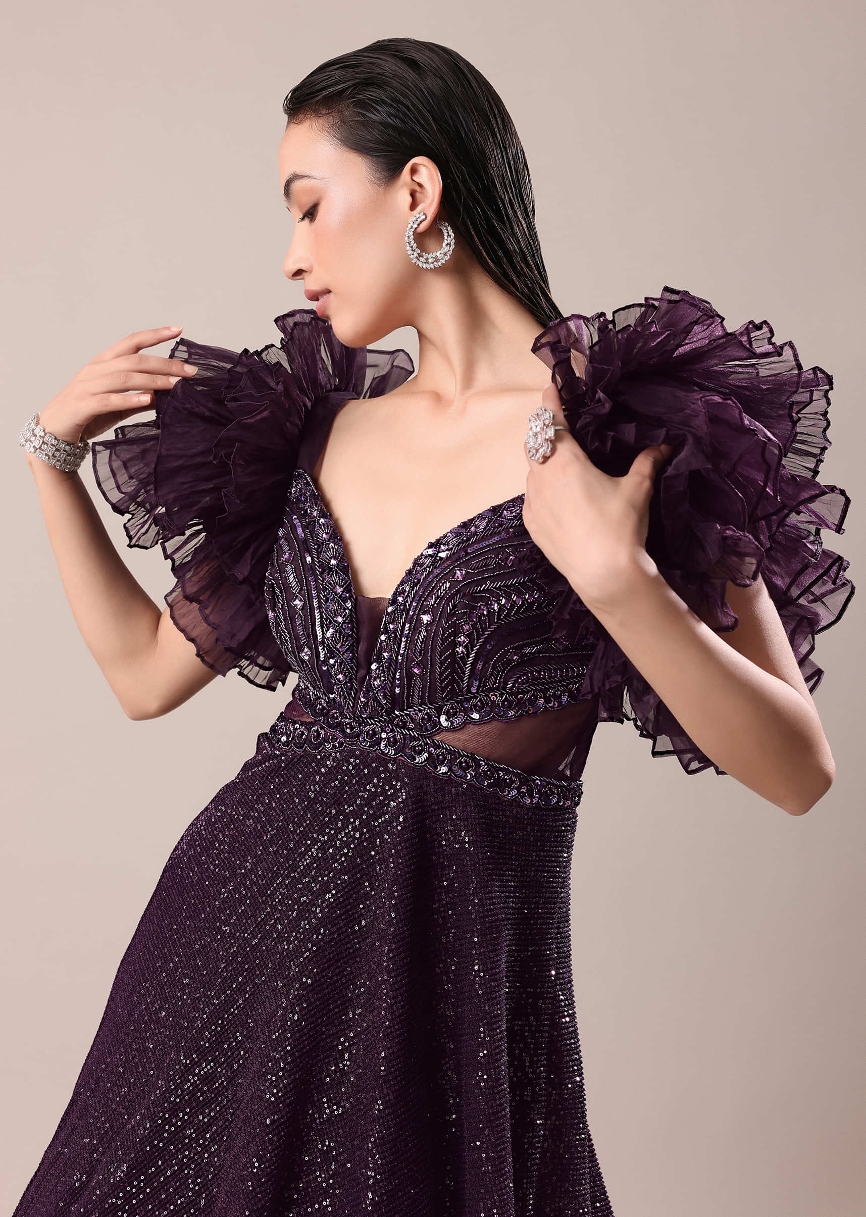 Dark Purple Hand Embroidered Ruffle Sleeve Gown - Image 5