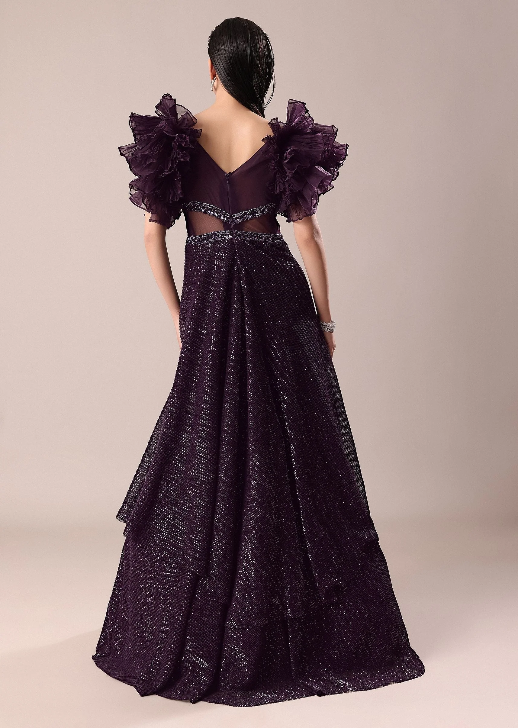 Dark Purple Hand Embroidered Ruffle Sleeve Gown - Image 6