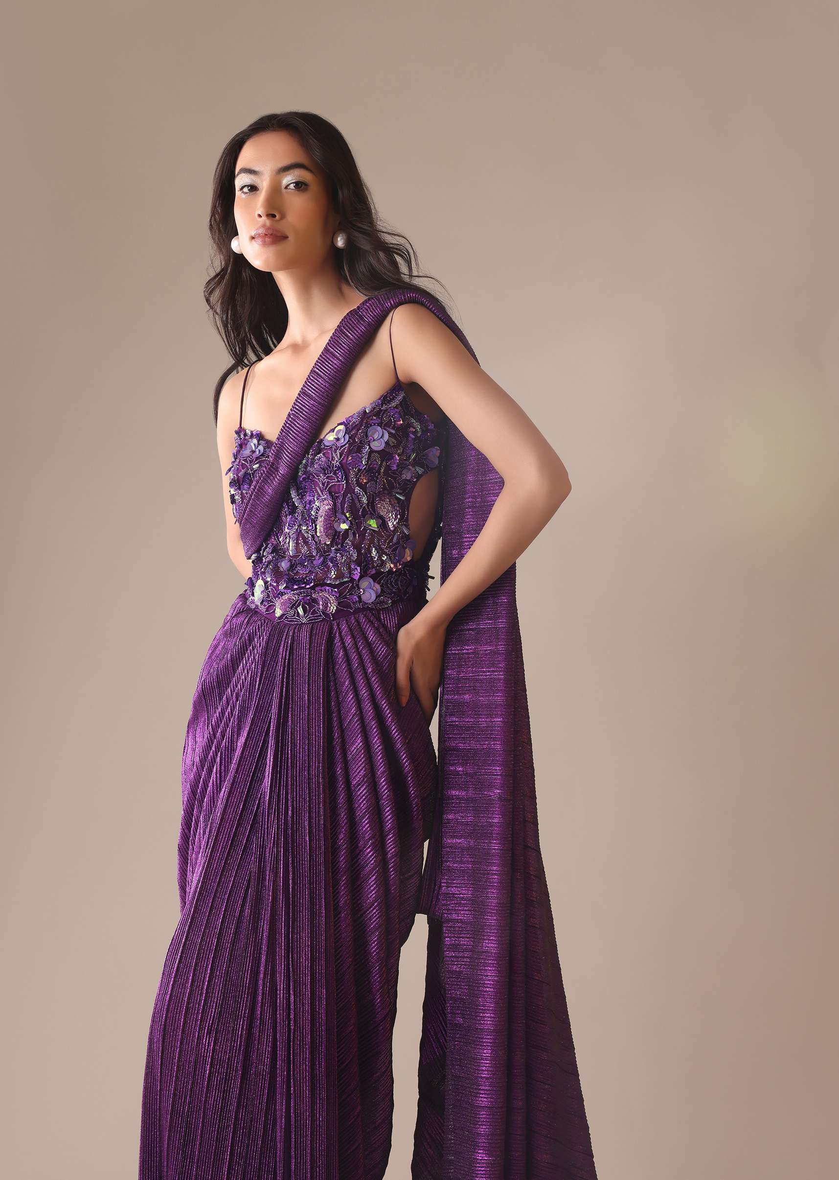 Dark Purple Heavy Embroidered Saree In Crushed Shimmer - Image 2