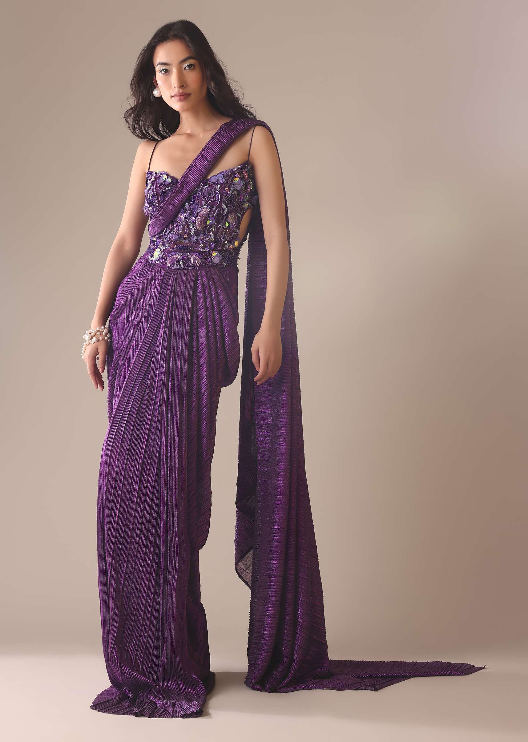 Dark Purple Heavy Embroidered Saree In Crushed Shimmer - Image 3