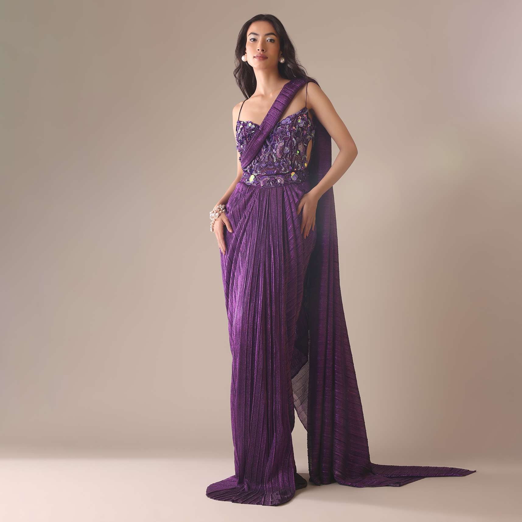 Dark Purple Heavy Embroidered Saree In Crushed Shimmer - Image 4