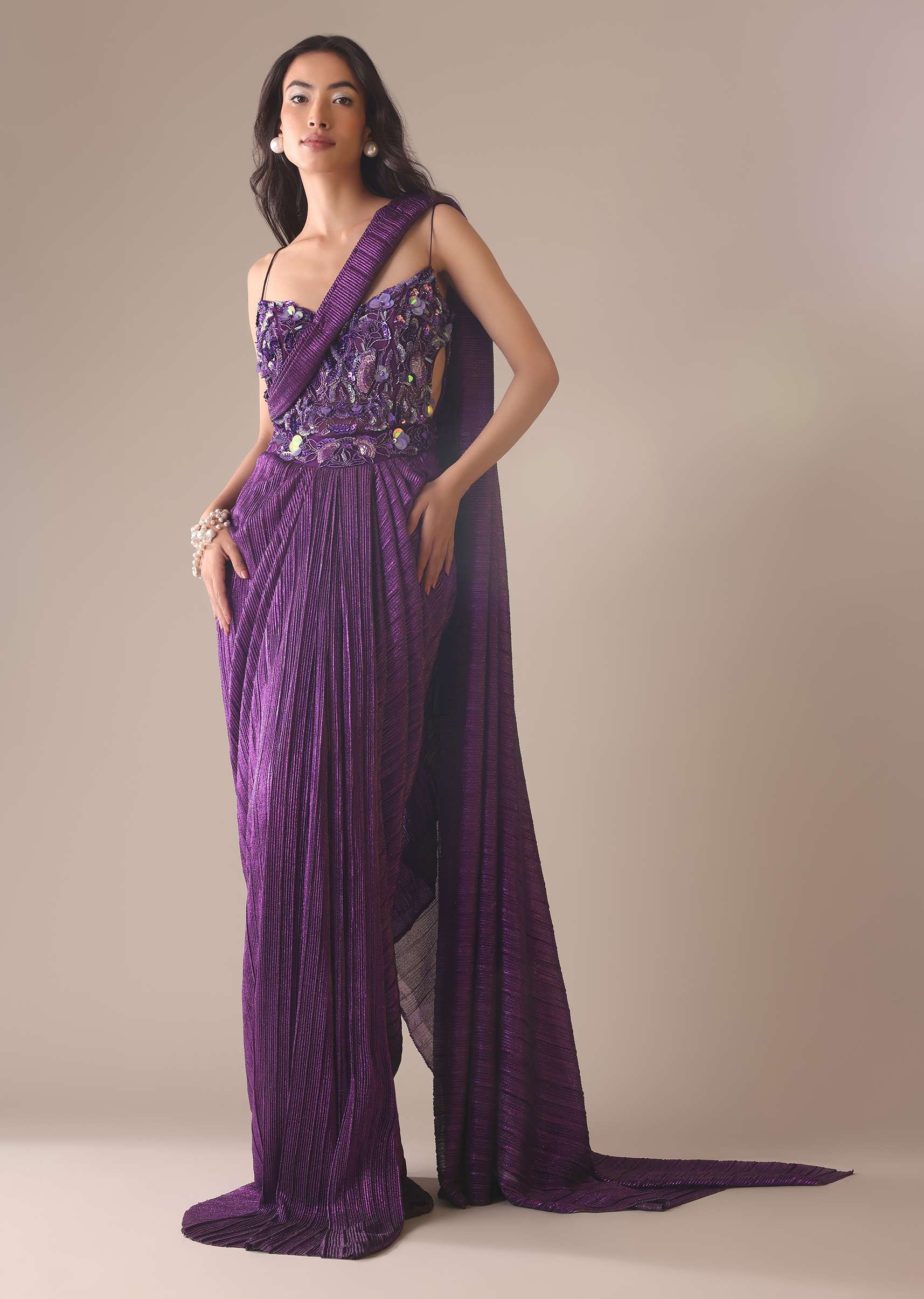 Dark Purple Heavy Embroidered Saree In Crushed Shimmer - Image 6