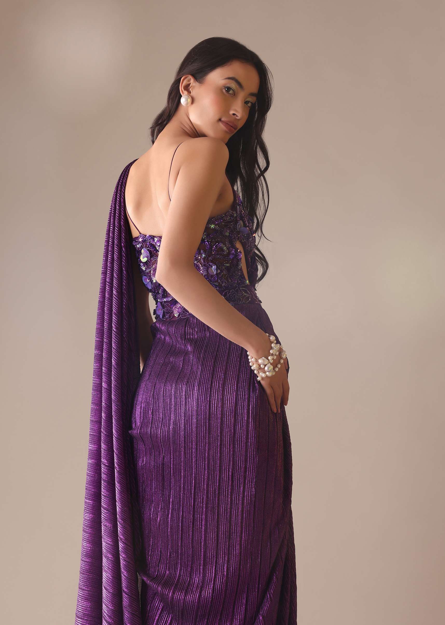 Dark Purple Heavy Embroidered Saree In Crushed Shimmer - Image 7