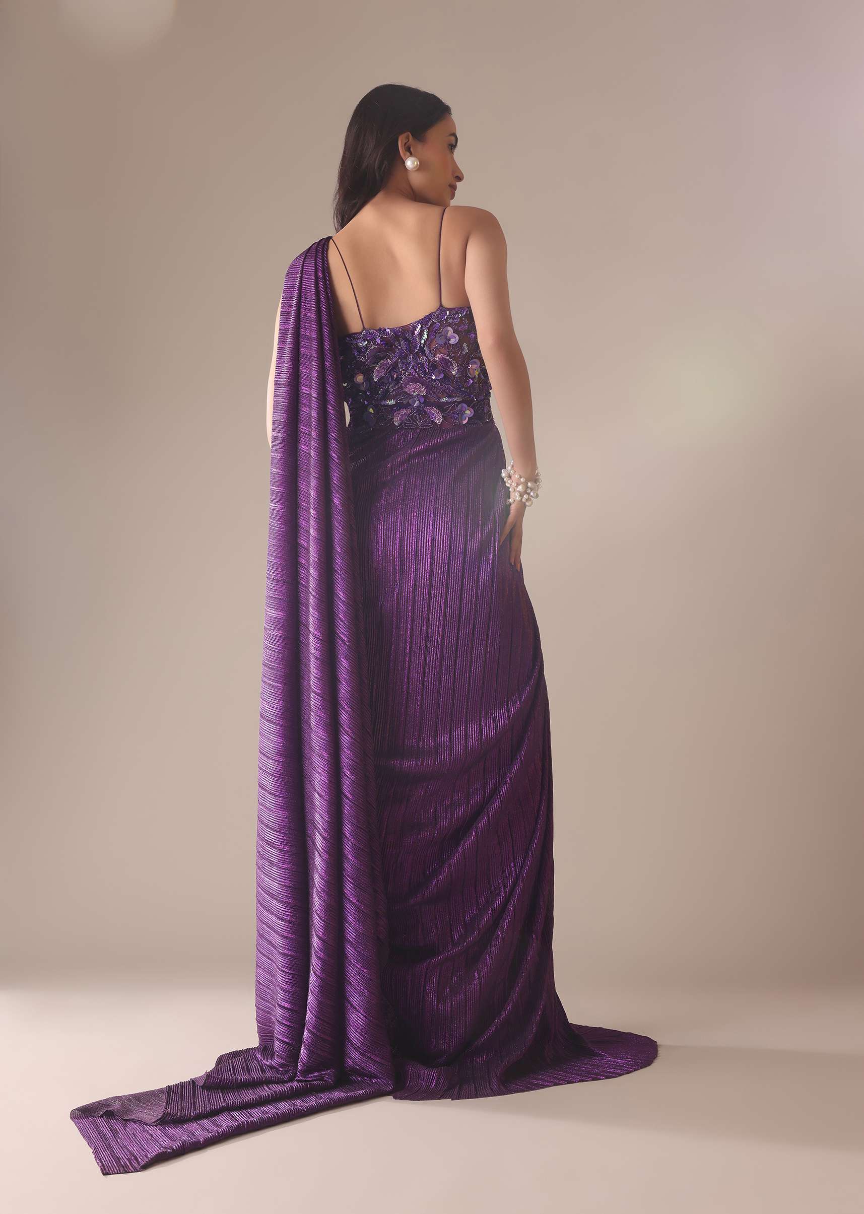 Dark Purple Heavy Embroidered Saree In Crushed Shimmer - Image 8