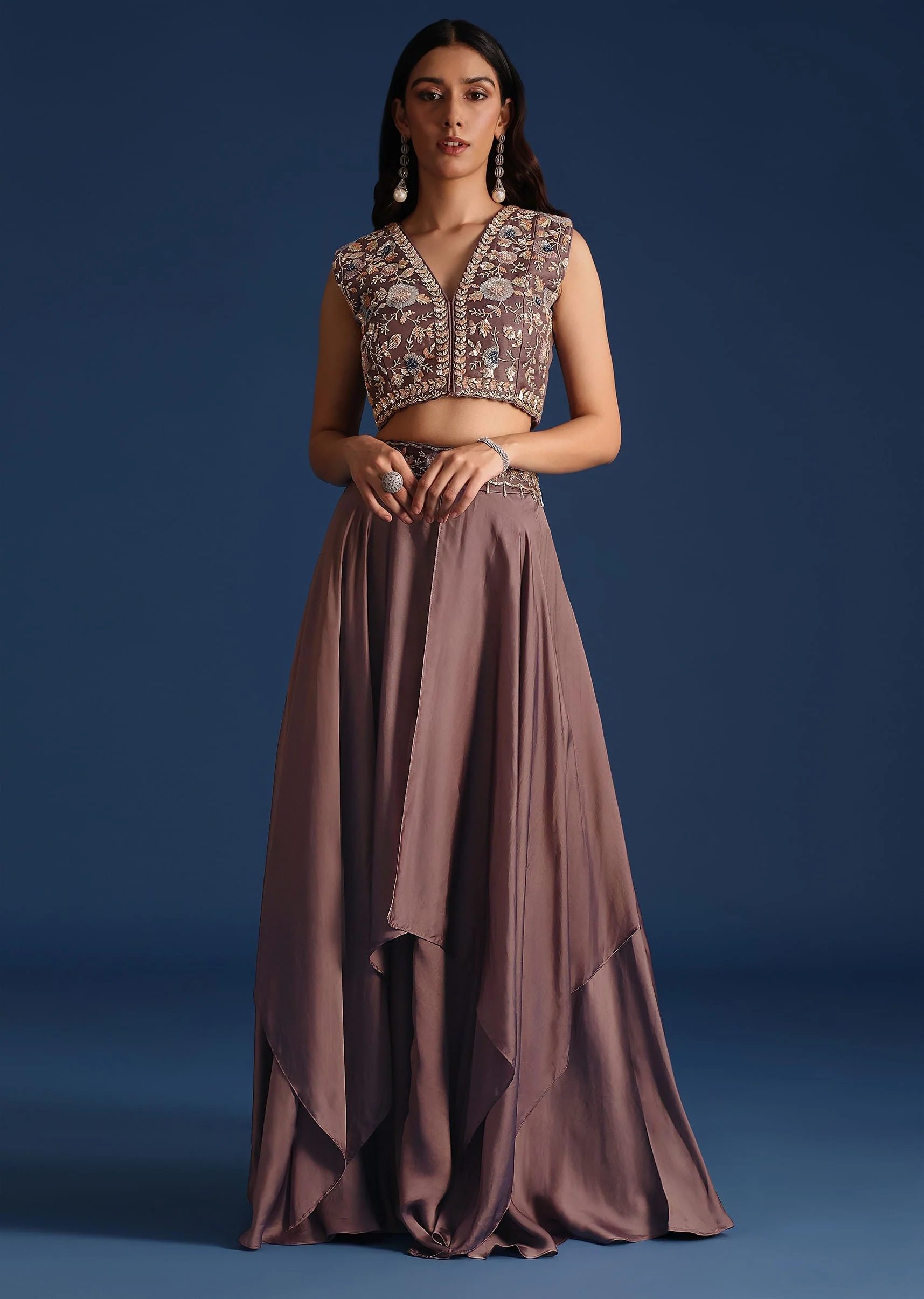 Dark Purple Jacket With Sequin Crop Top And Skirt - Image 6