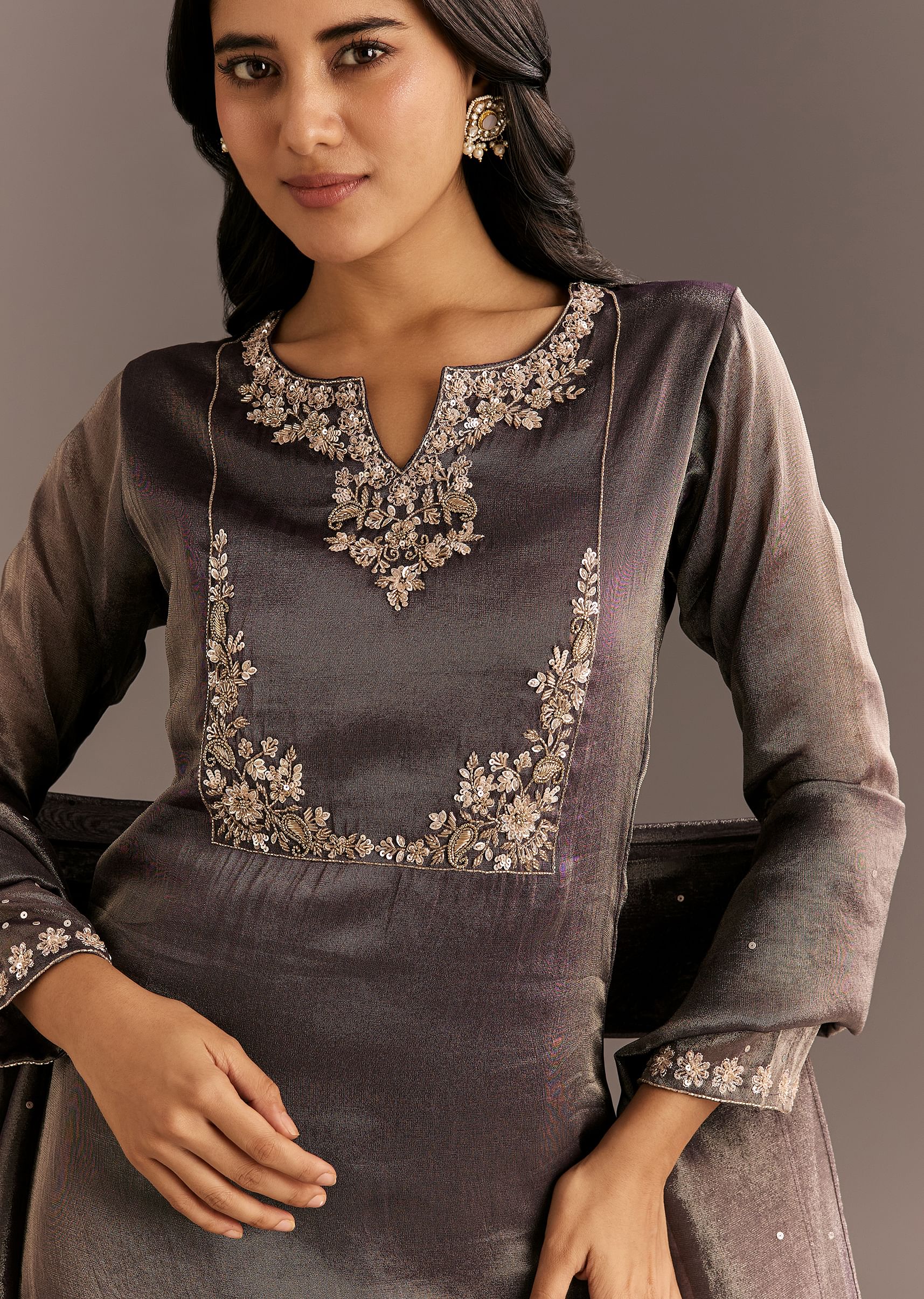 Dark Purple Organza Tissue Embroidered Kurta Pant With Embroidered Dupatta - Image 2
