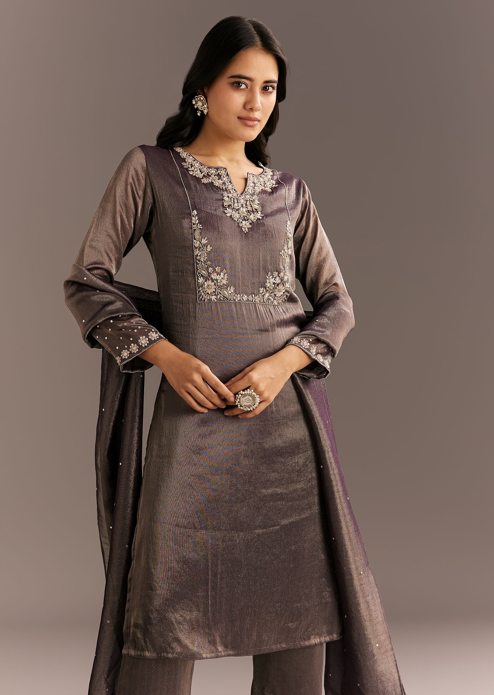 Dark Purple Organza Tissue Embroidered Kurta Pant With Embroidered Dupatta - Image 4