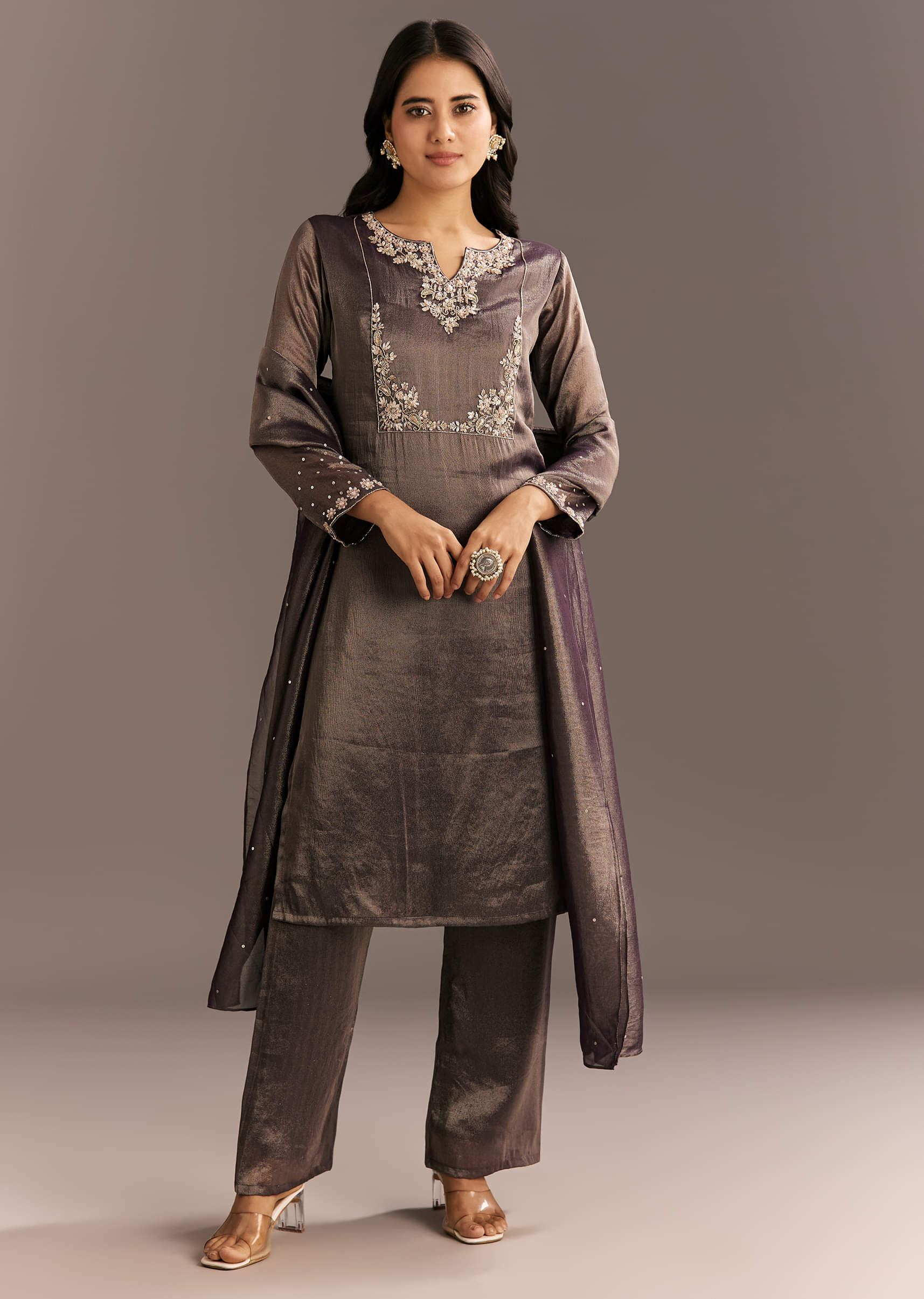 Dark Purple Organza Tissue Embroidered Kurta Pant With Embroidered Dupatta - Image 7
