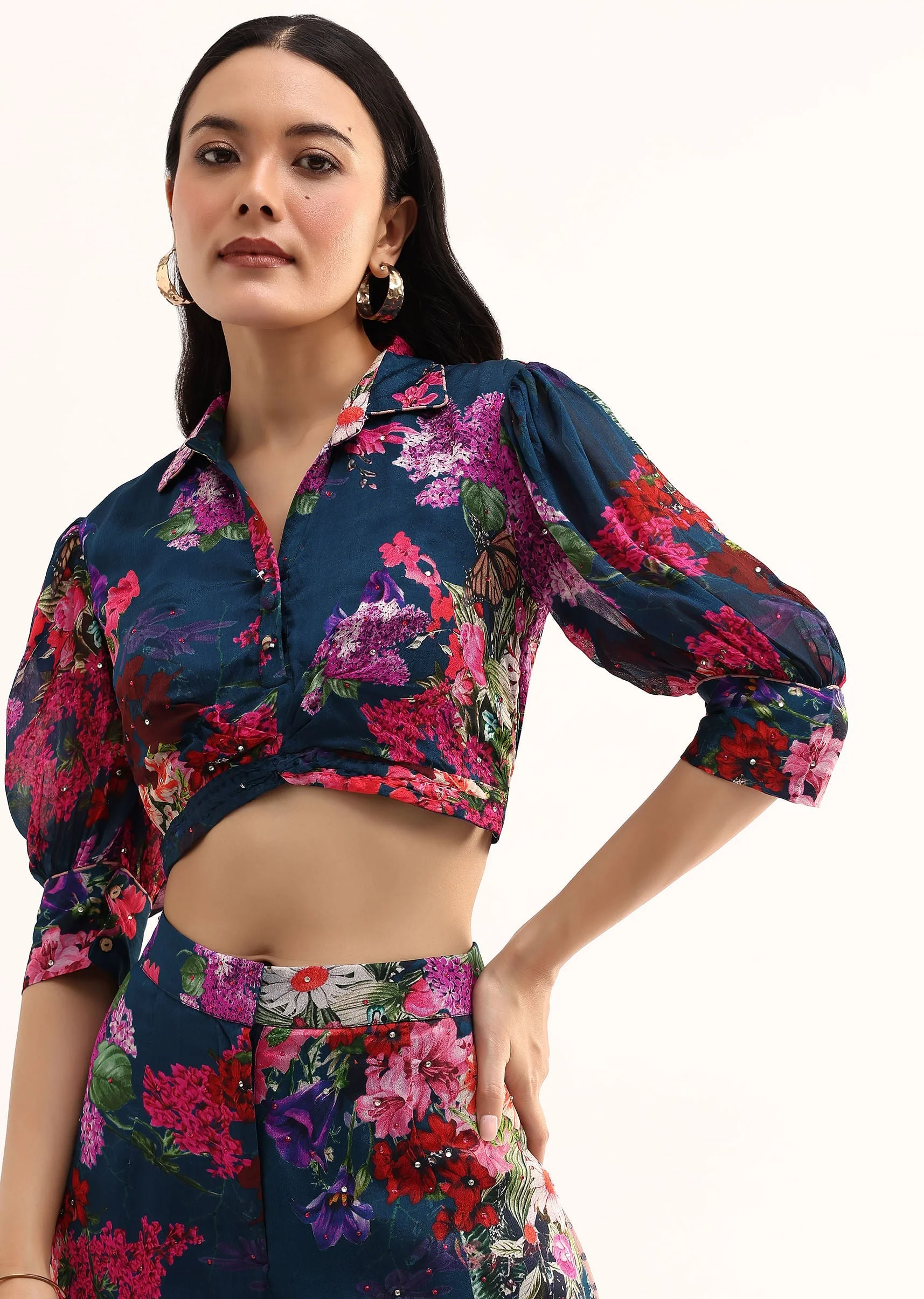 Dark Teal Blue Floral Printed Chinon Crop Top And Palazzo - Image 2