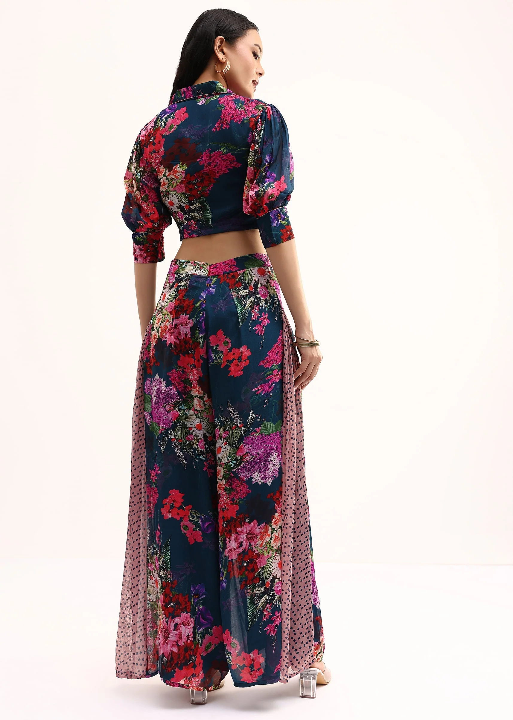 Dark Teal Blue Floral Printed Chinon Crop Top And Palazzo - Image 5