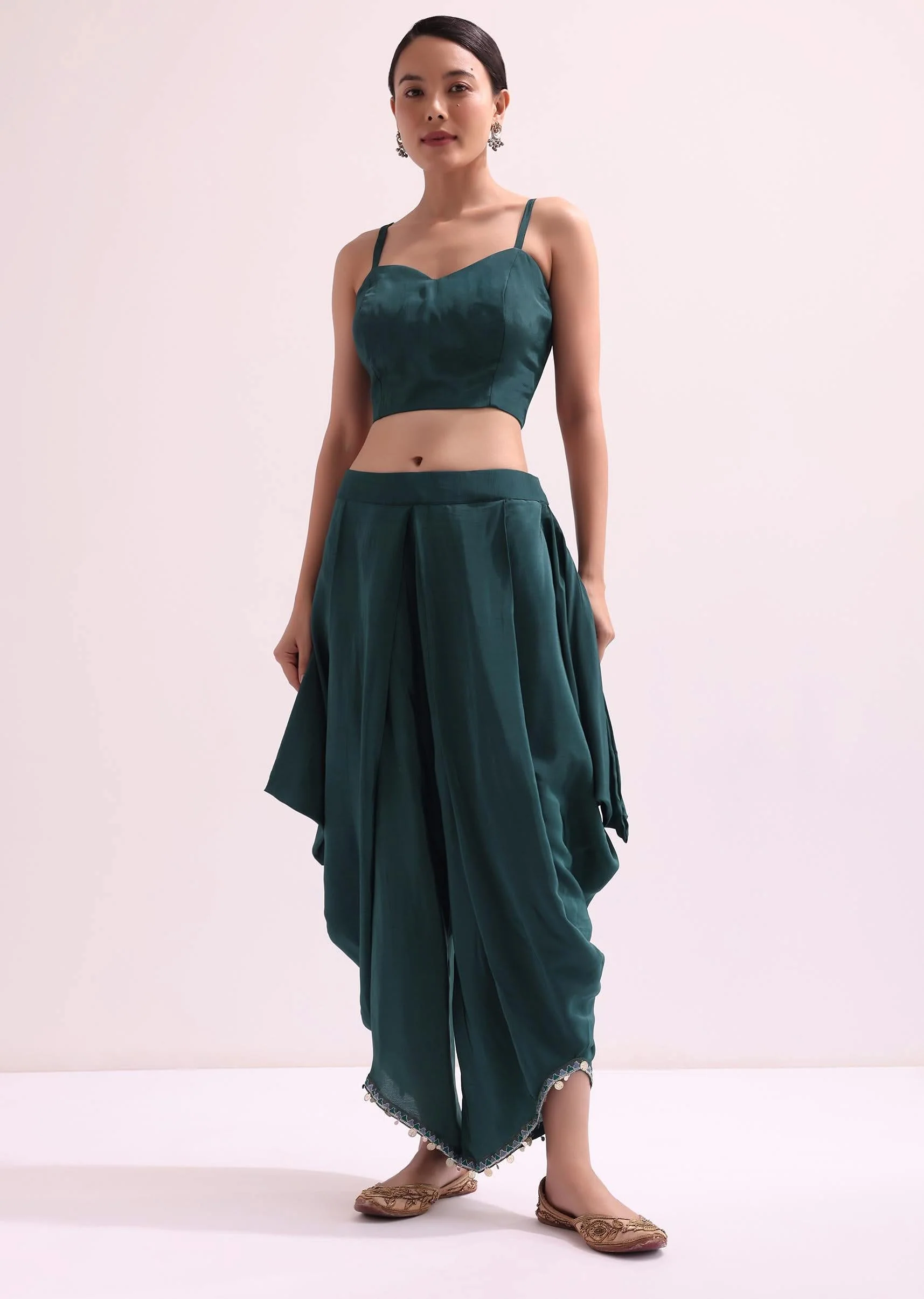 Teal Green Croptop And Dhoti With Embroidered Cape - Image 4