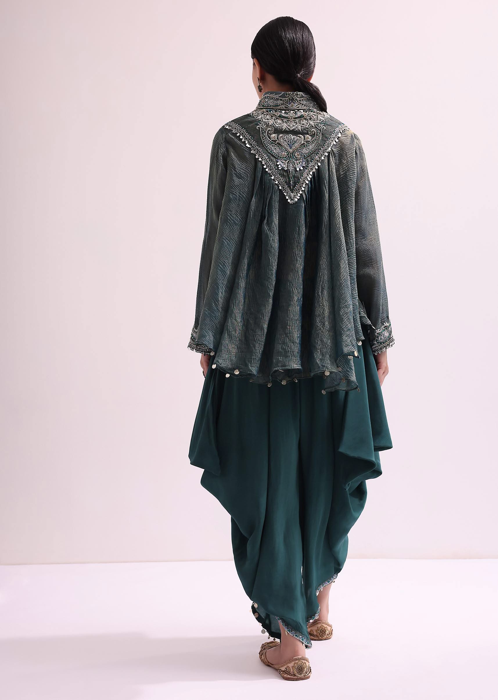 Teal Green Croptop And Dhoti With Embroidered Cape - Image 5