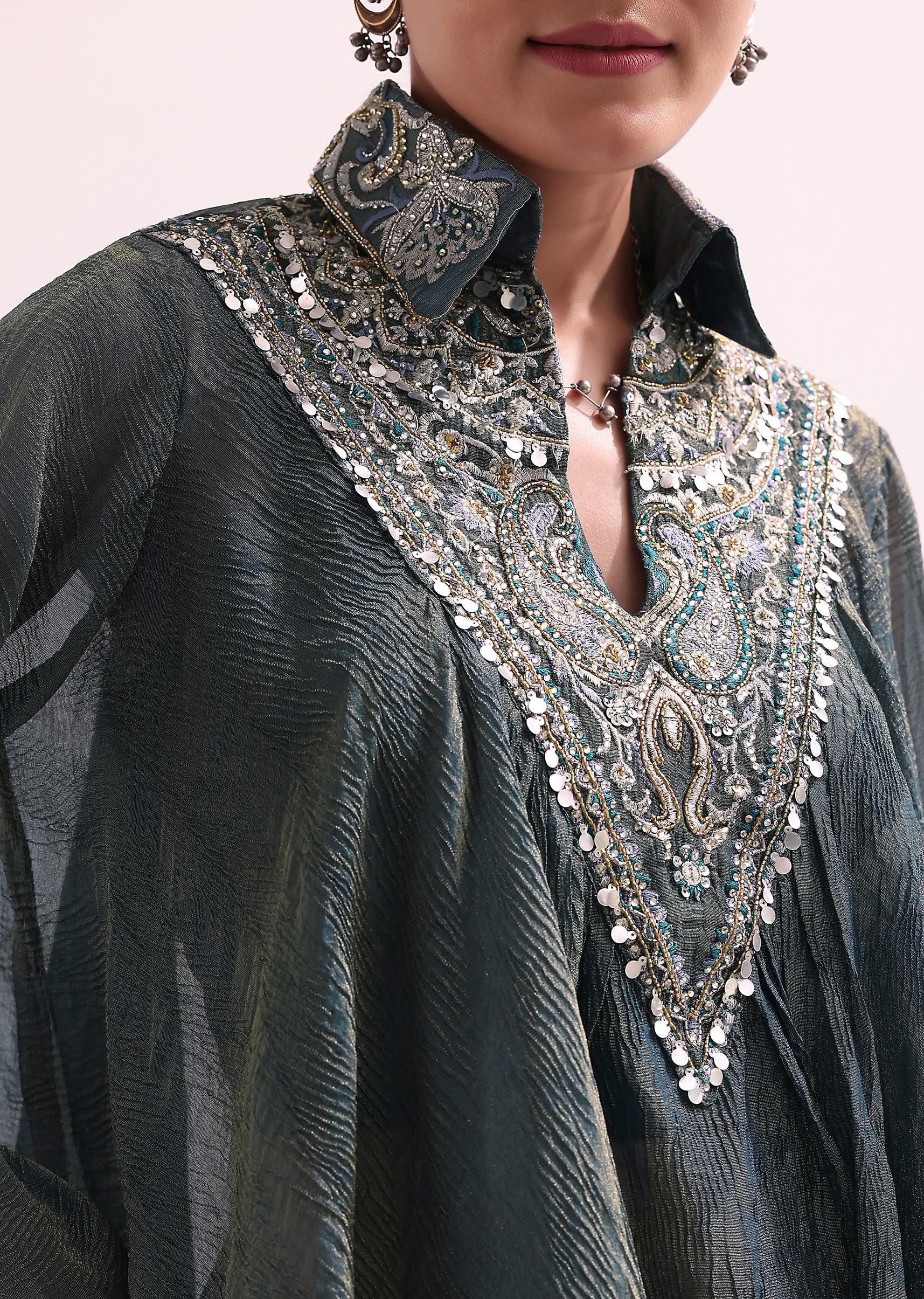 Teal Green Croptop And Dhoti With Embroidered Cape - Image 6