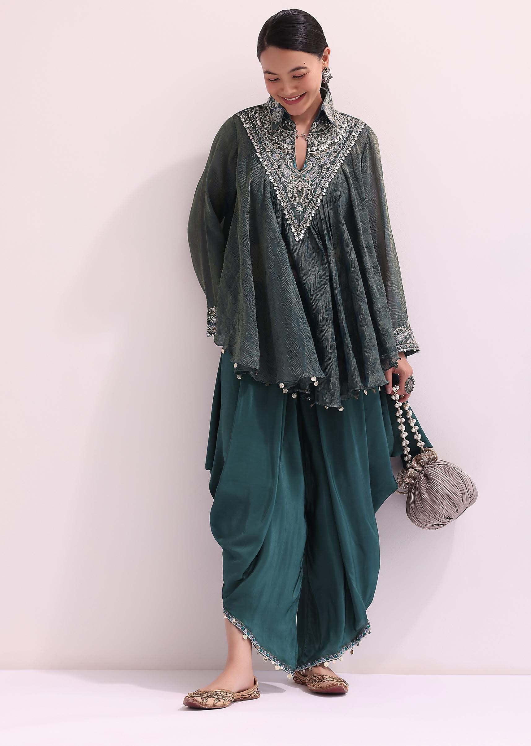 Teal Green Croptop And Dhoti With Embroidered Cape - Image 8