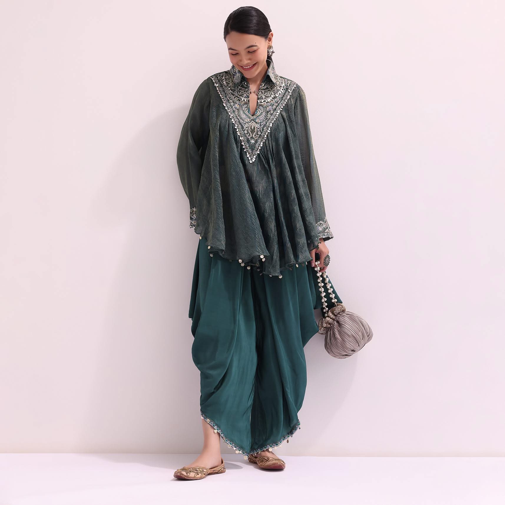 Teal Green Croptop And Dhoti With Embroidered Cape - Image 9