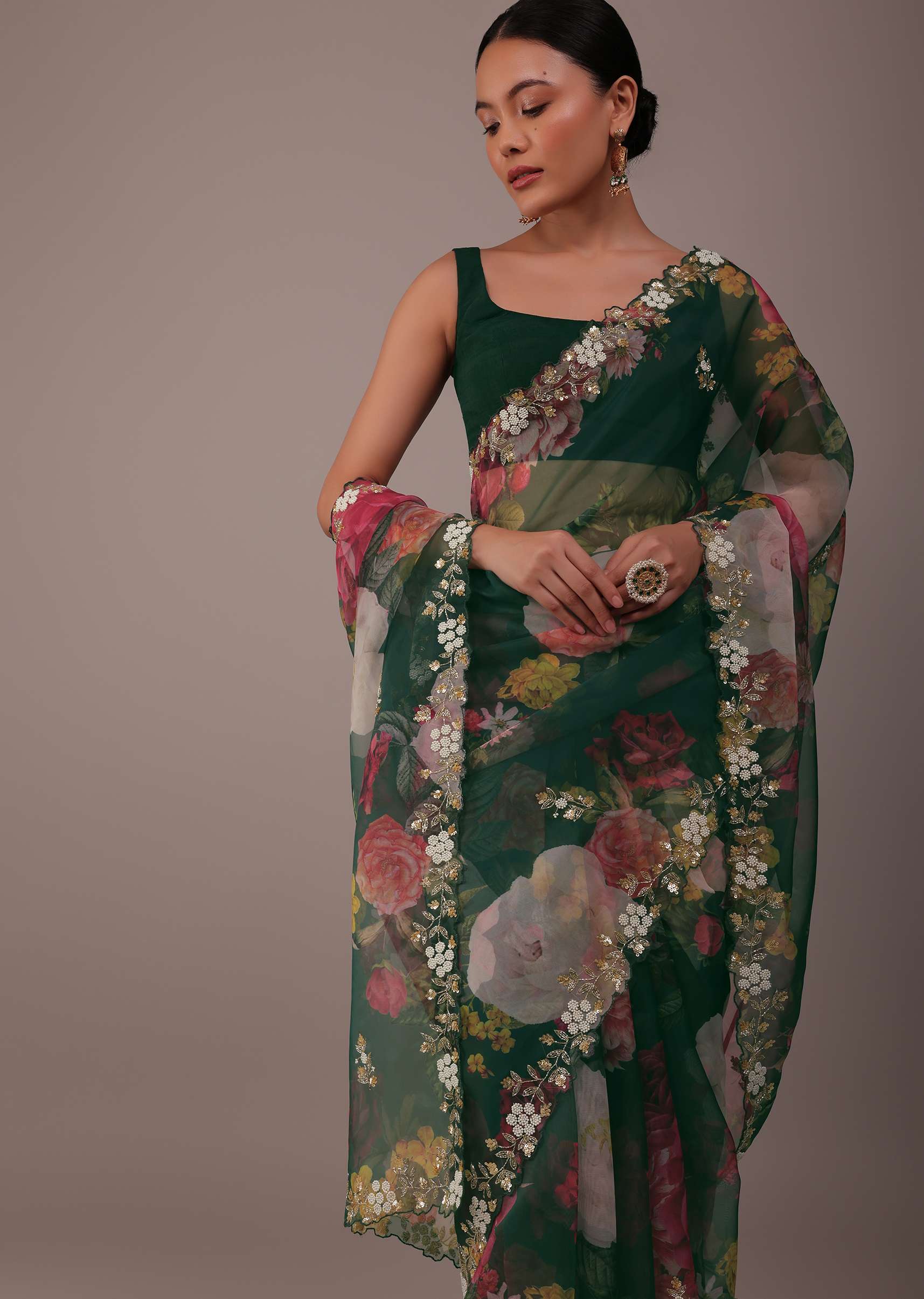 Deep Green Floral Printed Saree In Organza With Cut Dana Butti All Over - Image 2