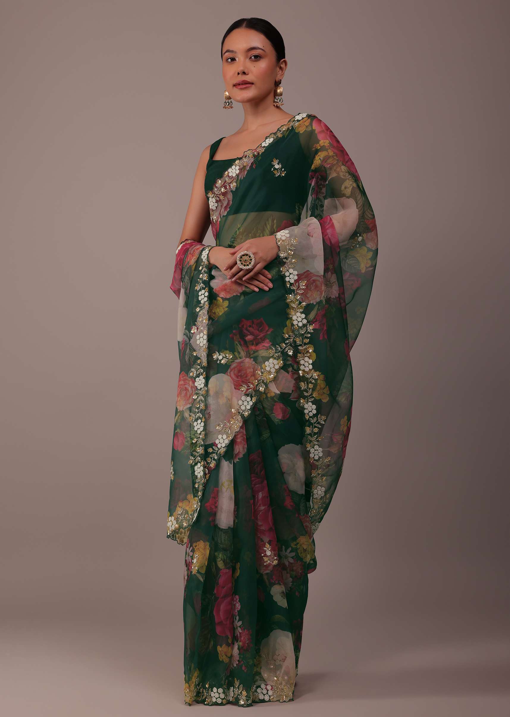Deep Green Floral Printed Saree In Organza With Cut Dana Butti All Over - Image 3