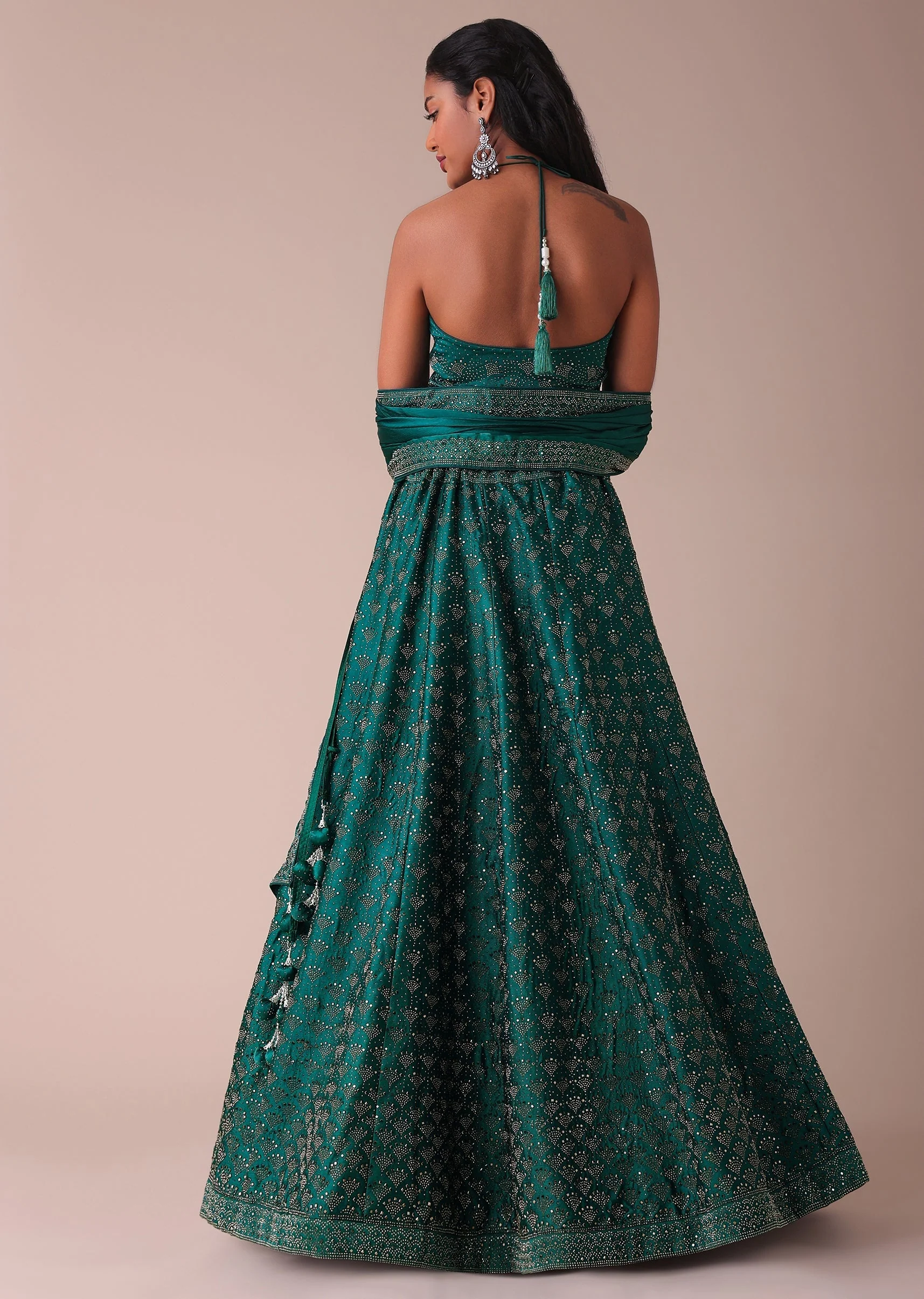 Deep Green Swarovski Embellished Lehenga In Wrinkle Satin - Image 5