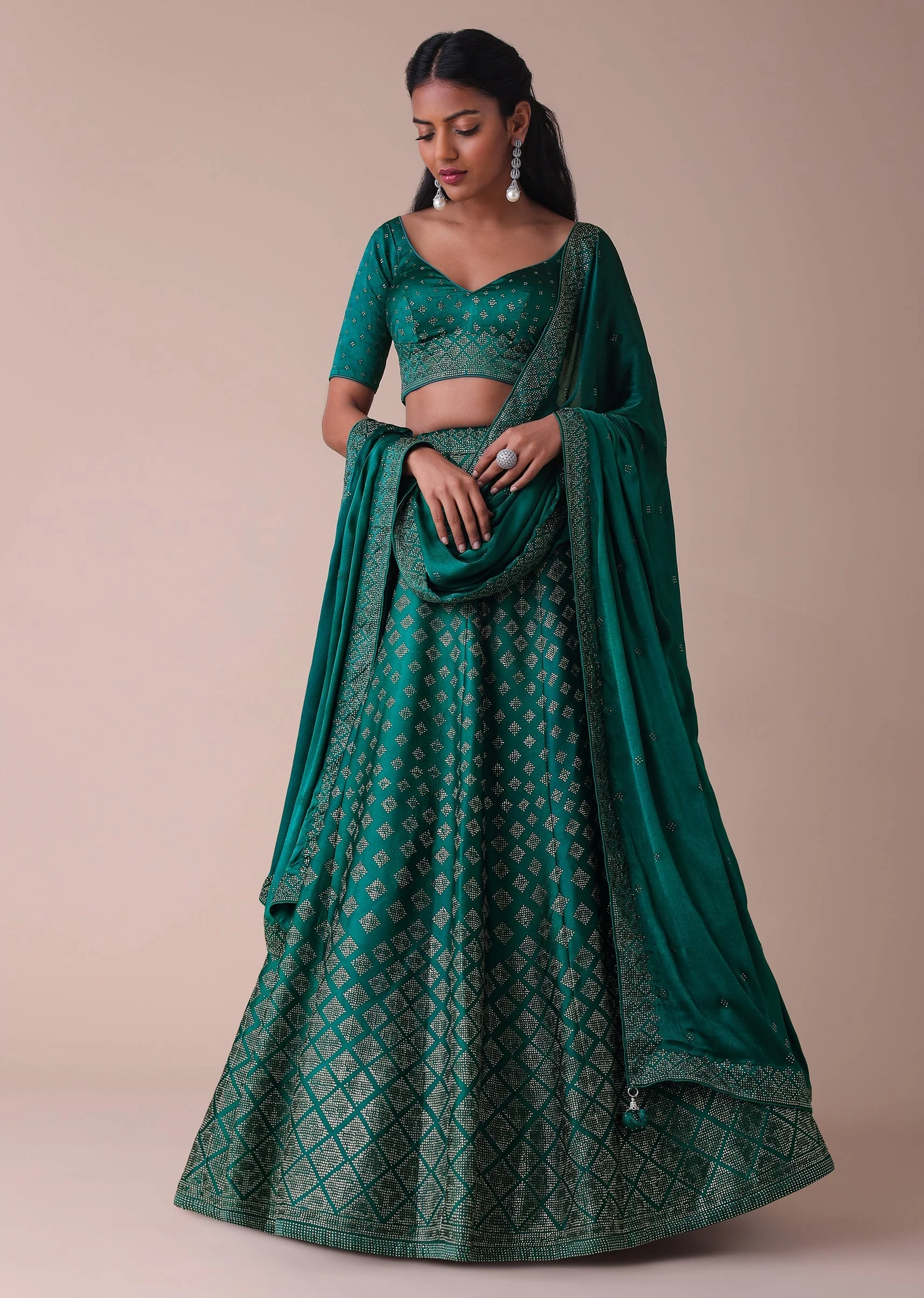 Deep Green Swarovski Embellished Lehenga In Wrinkle Satin - Image 6