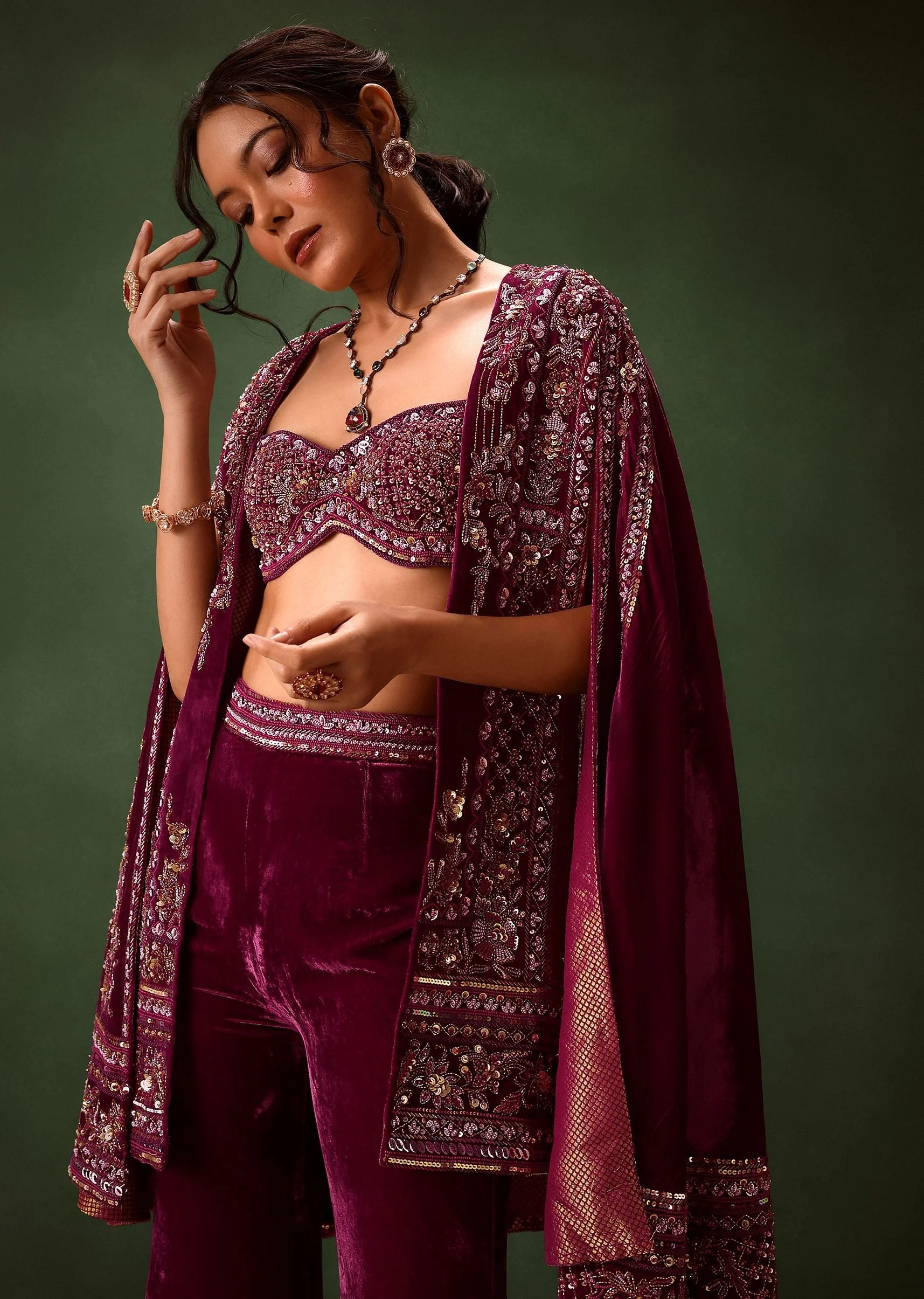 Deep Magenta Velvet Brocade Cape Jacket Suit - Image 3