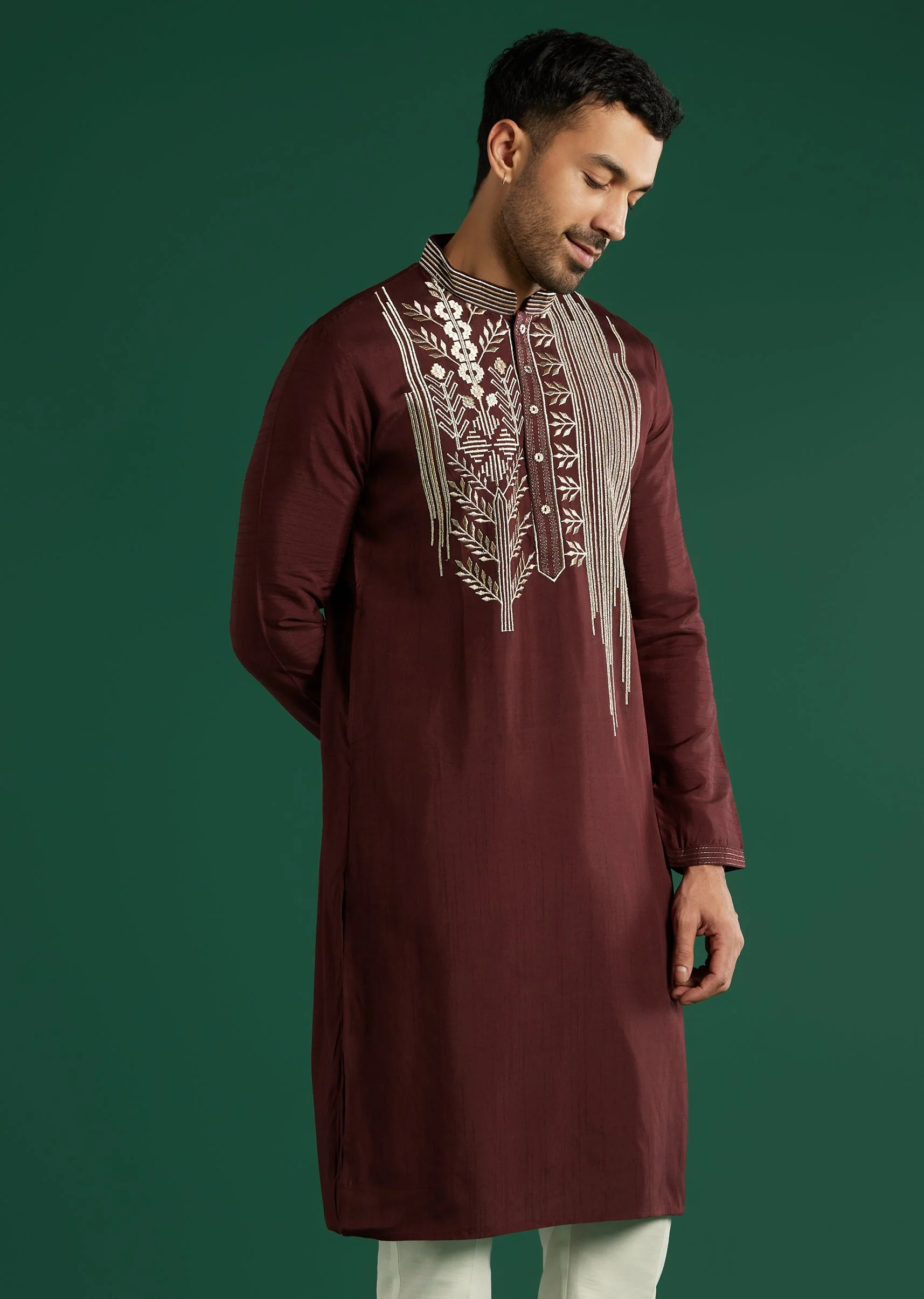 Deep Maroon Silk Kurta Set For Men With Gota Work - Image 4