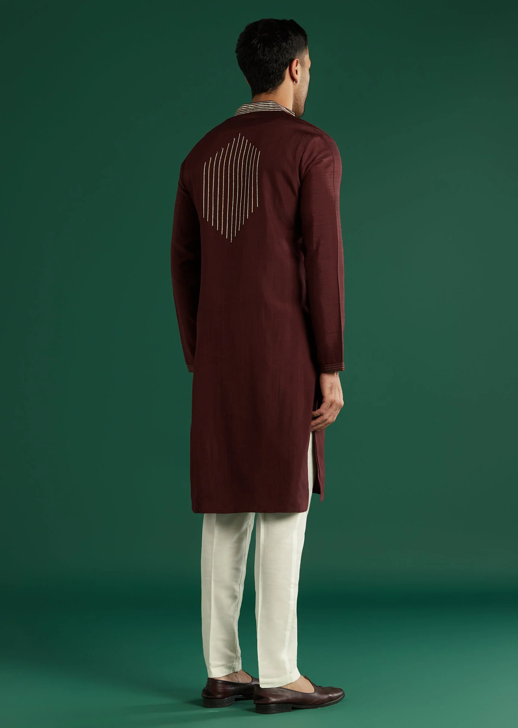 Deep Maroon Silk Kurta Set For Men With Gota Work - Image 5