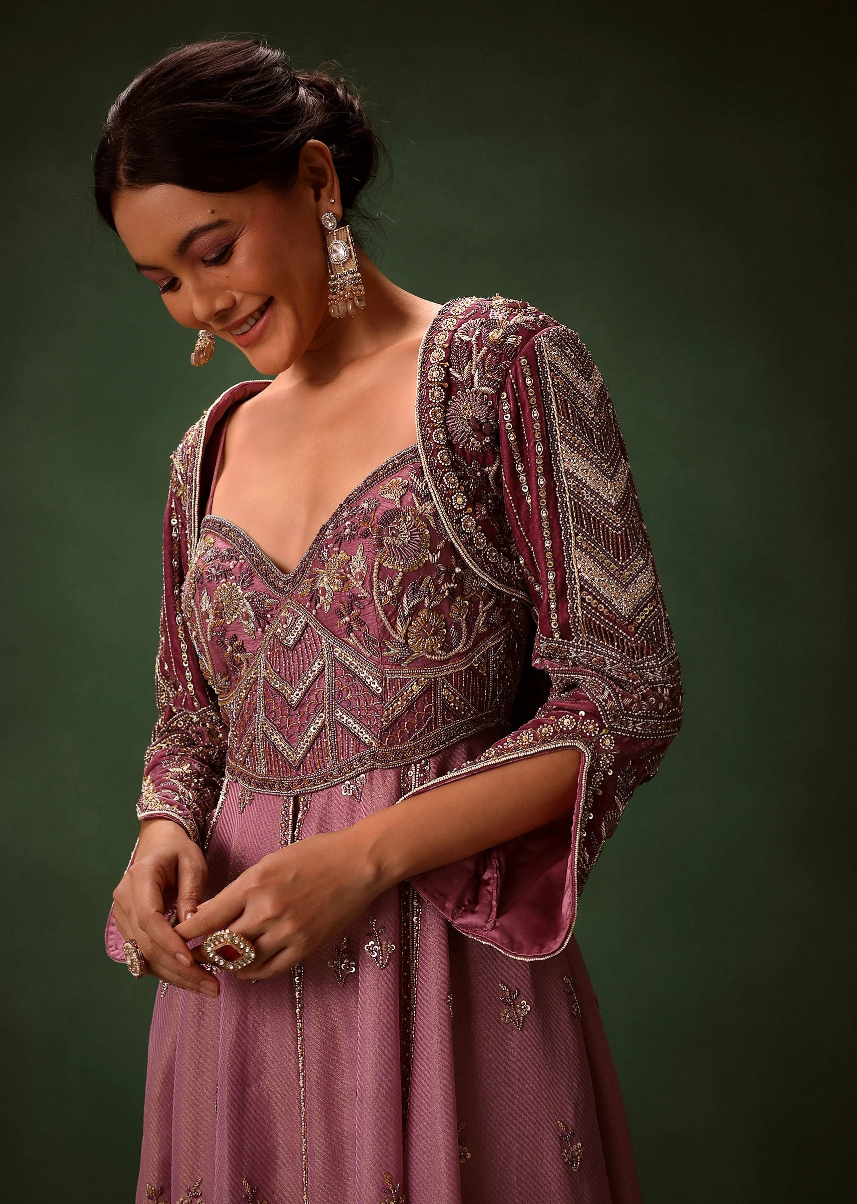 Deep Mauve Anarkali Suit Set With Velvet Pants And Embroidered Jacket - Image 2