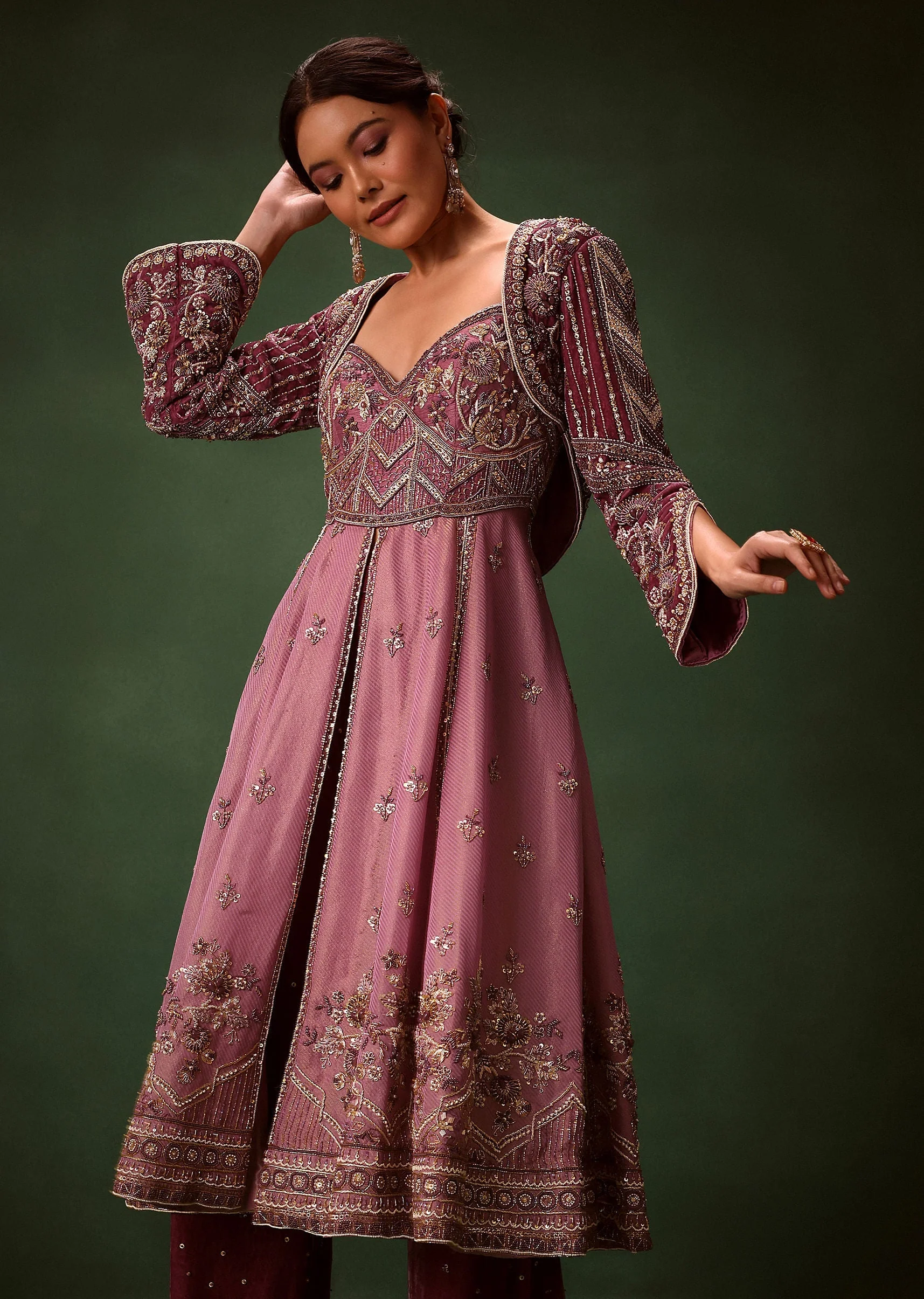Deep Mauve Anarkali Suit Set With Velvet Pants And Embroidered Jacket - Image 4