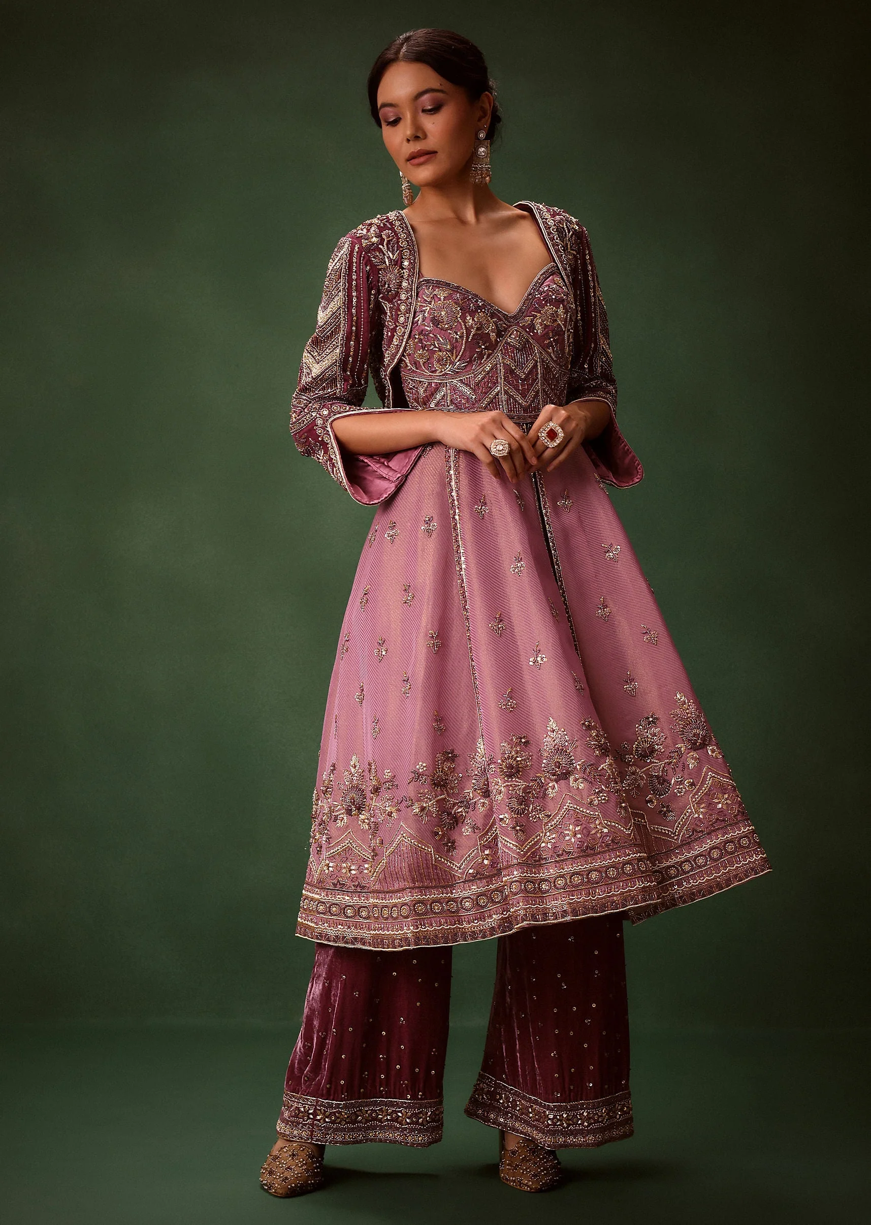 Deep Mauve Anarkali Suit Set With Velvet Pants And Embroidered Jacket - Image 5
