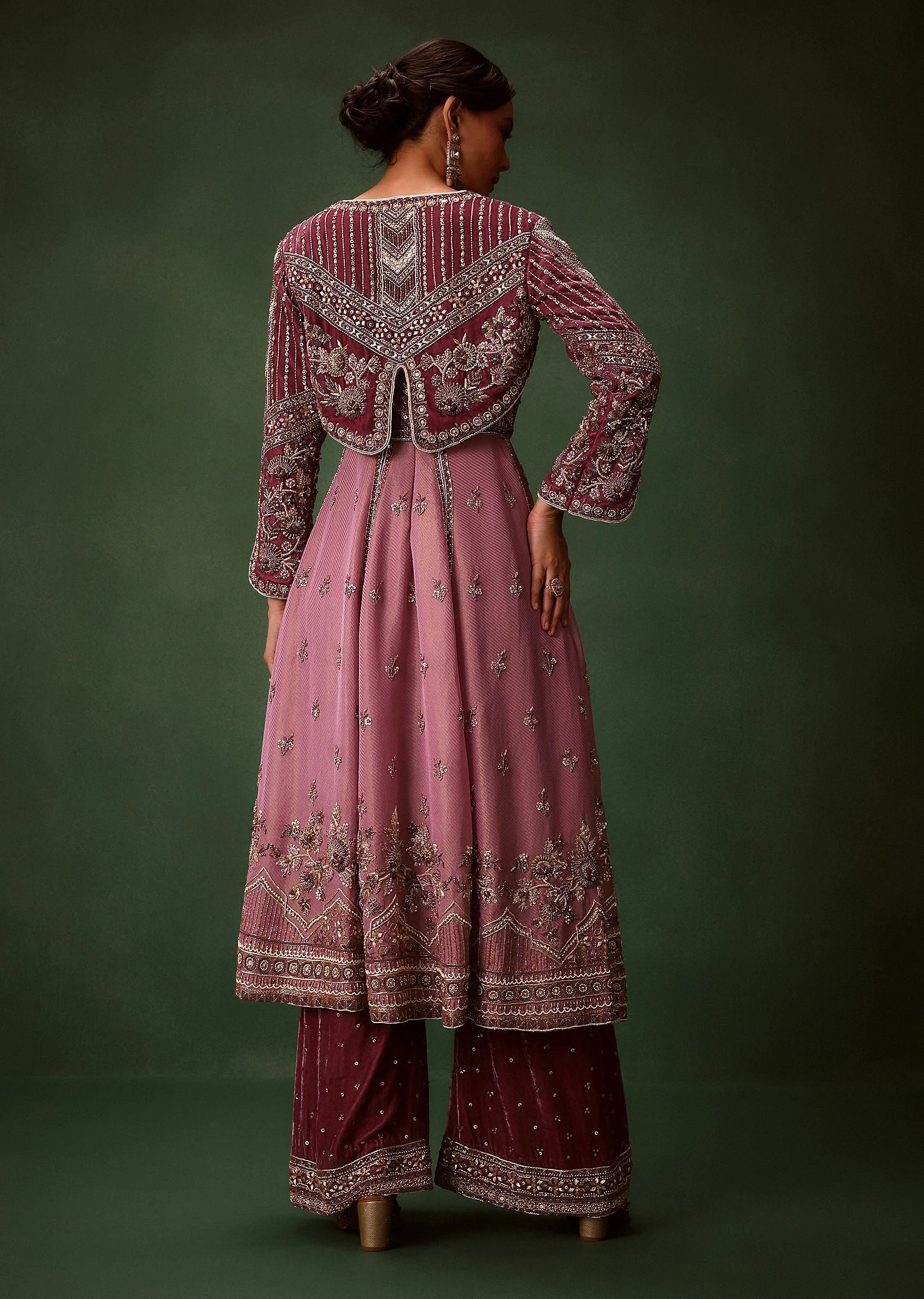 Deep Mauve Anarkali Suit Set With Velvet Pants And Embroidered Jacket - Image 6