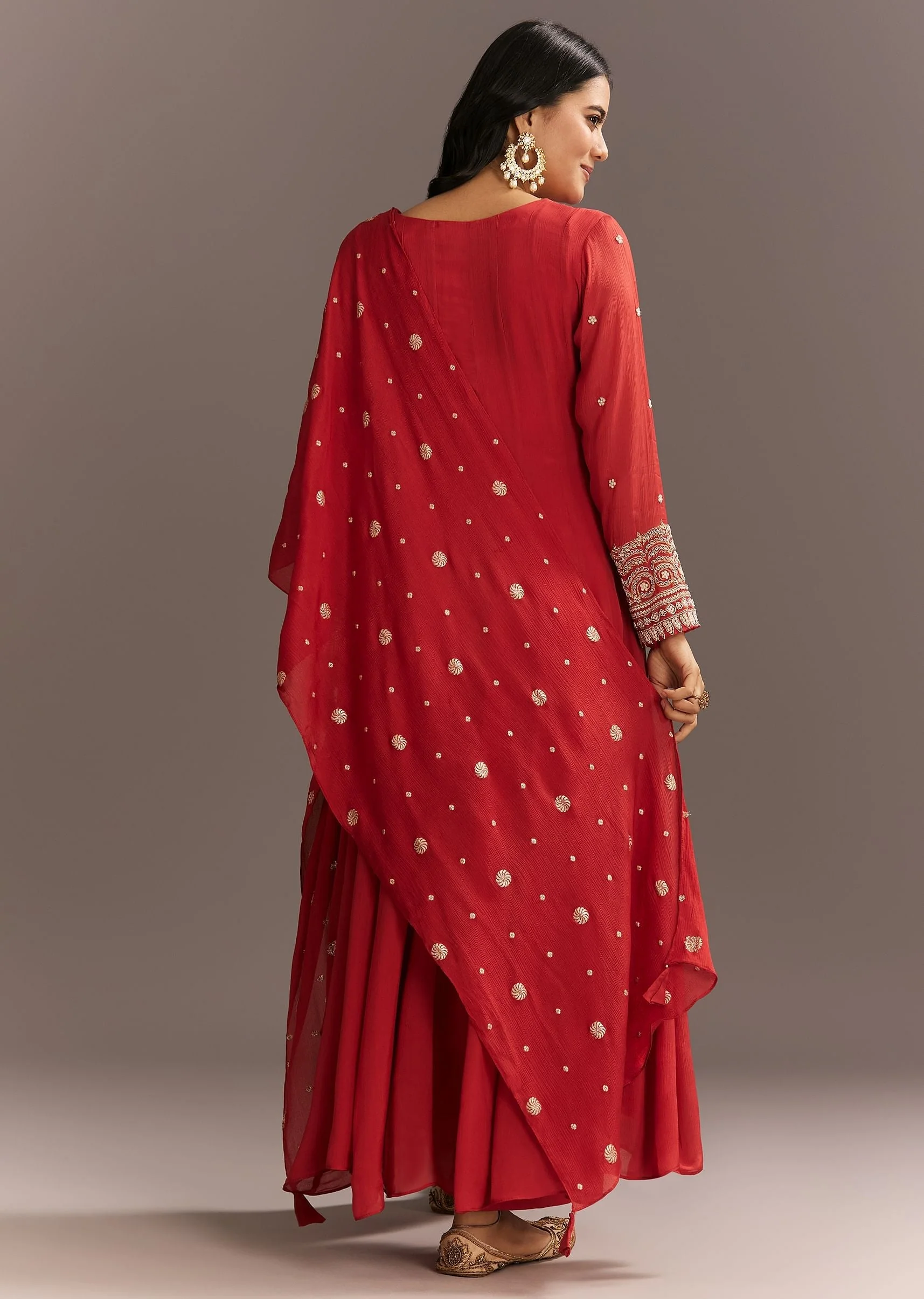 Deep Orange Chinon Kurta With Zardosi Sleeves And Butti Dupatta - Image 5