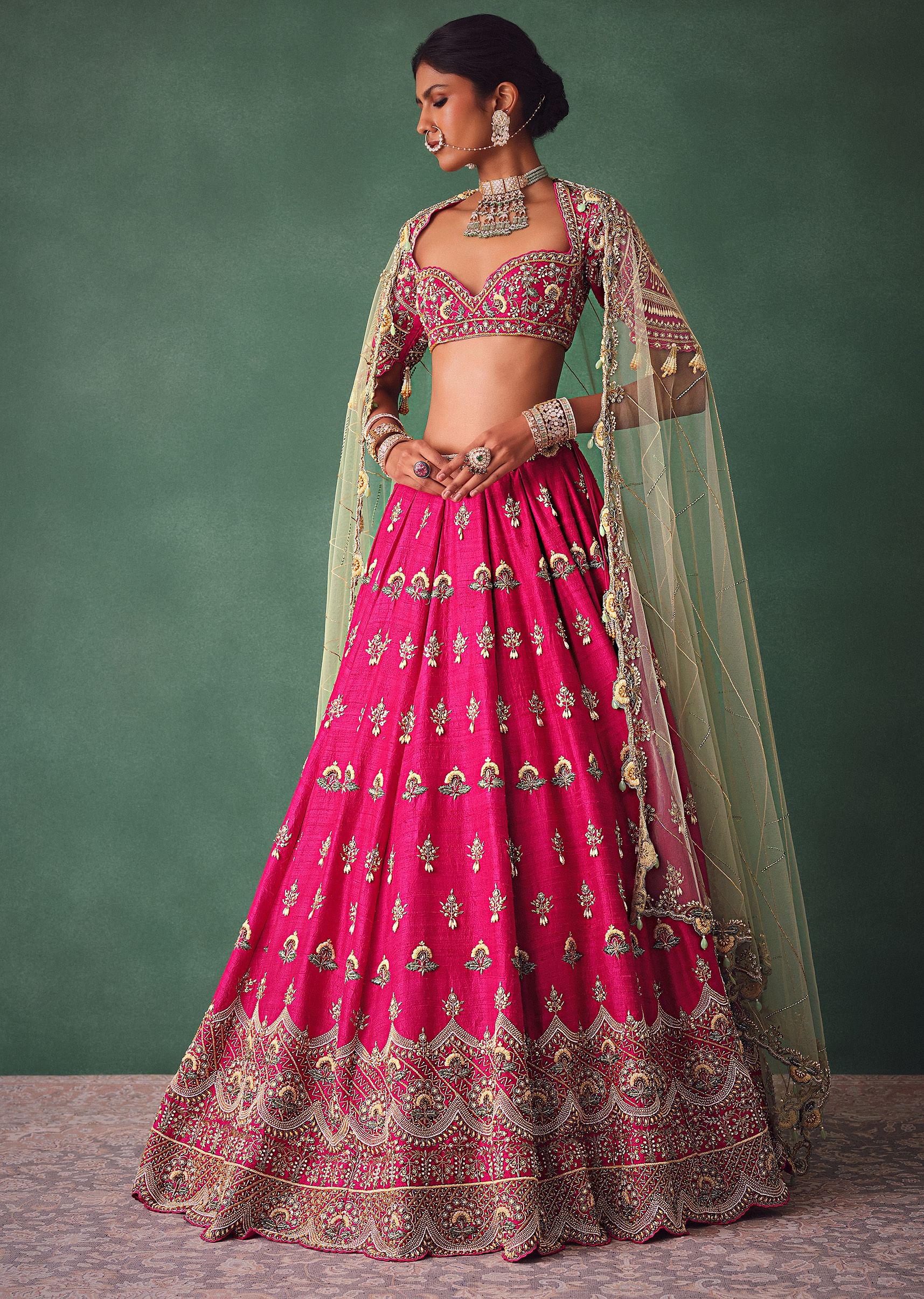Deep Pink Bridal Butti Work Lehenga With Tassels on Blouse And Dupatta - Image 4