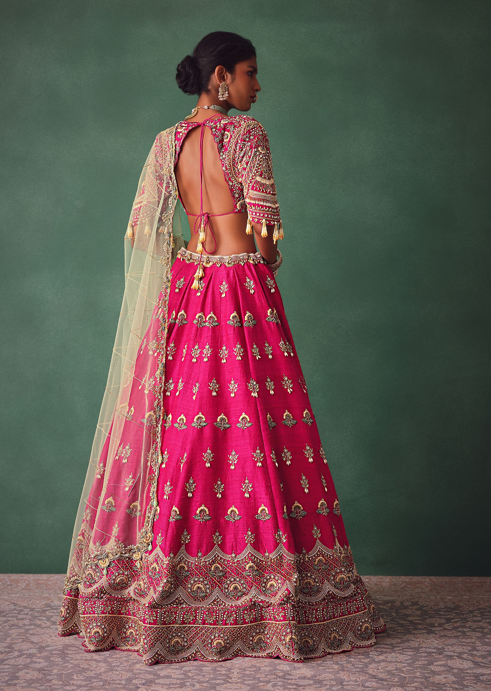 Deep Pink Bridal Butti Work Lehenga With Tassels on Blouse And Dupatta - Image 6