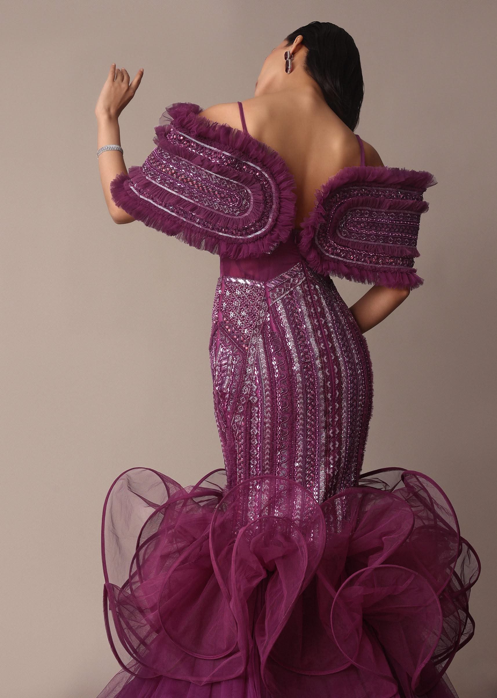 Deep Purple Organza Fish Cut Gown With 3D Ruffles - Image 2