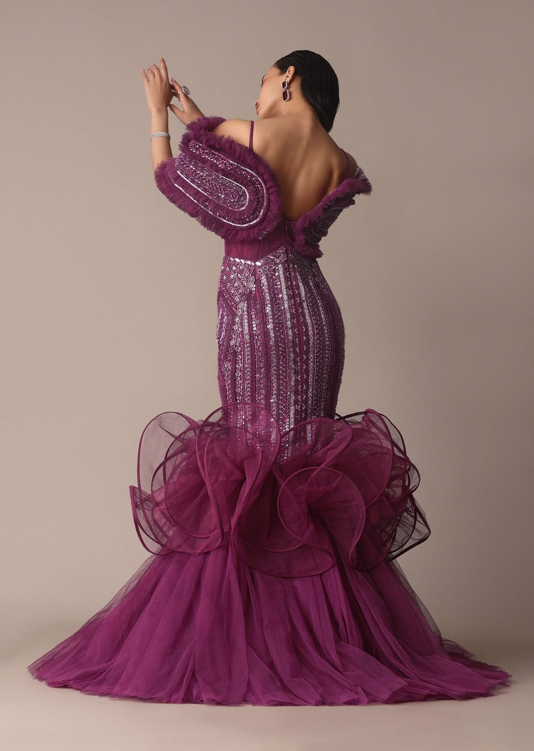 Deep Purple Organza Fish Cut Gown With 3D Ruffles - Image 3