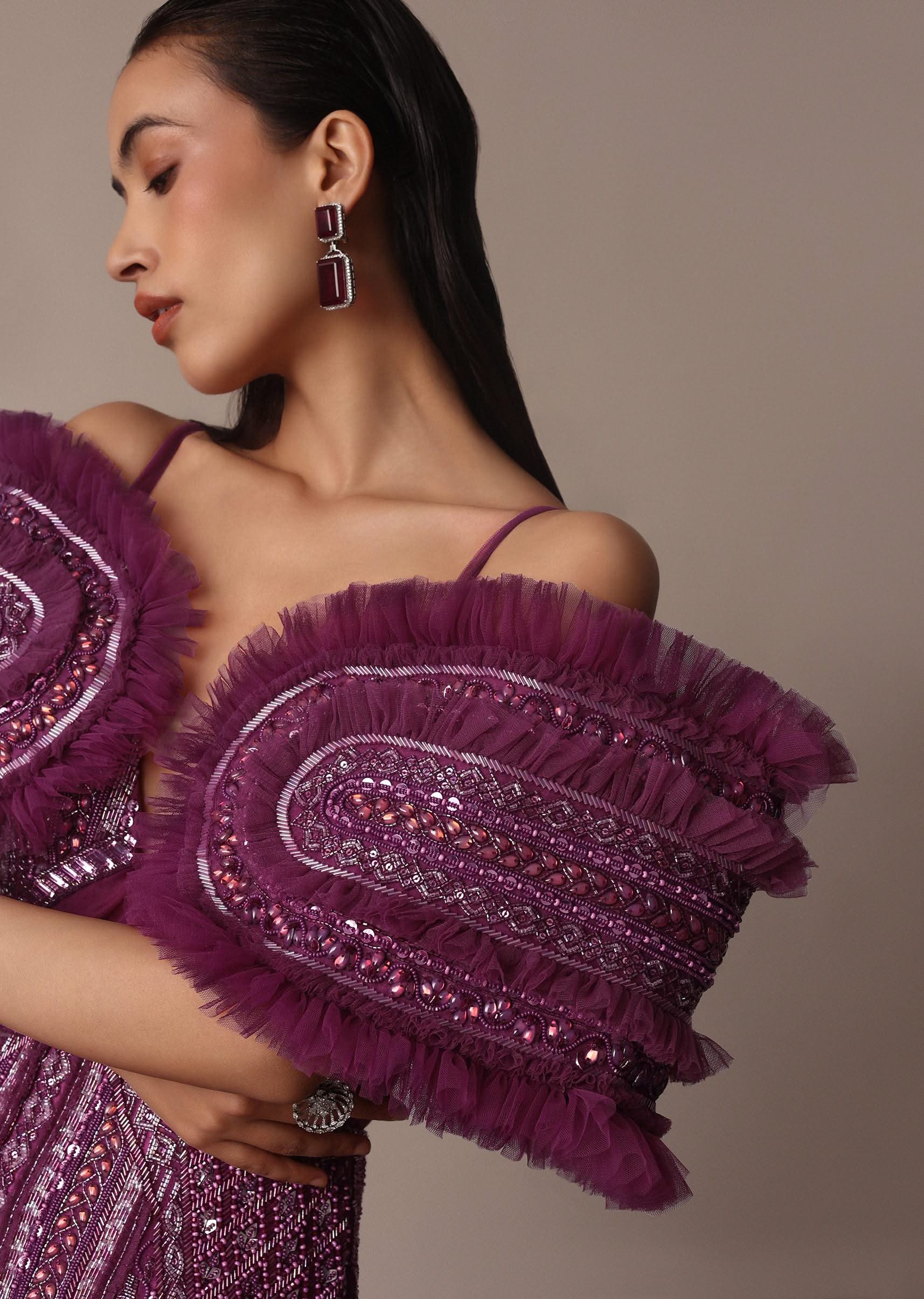 Deep Purple Organza Fish Cut Gown With 3D Ruffles - Image 4