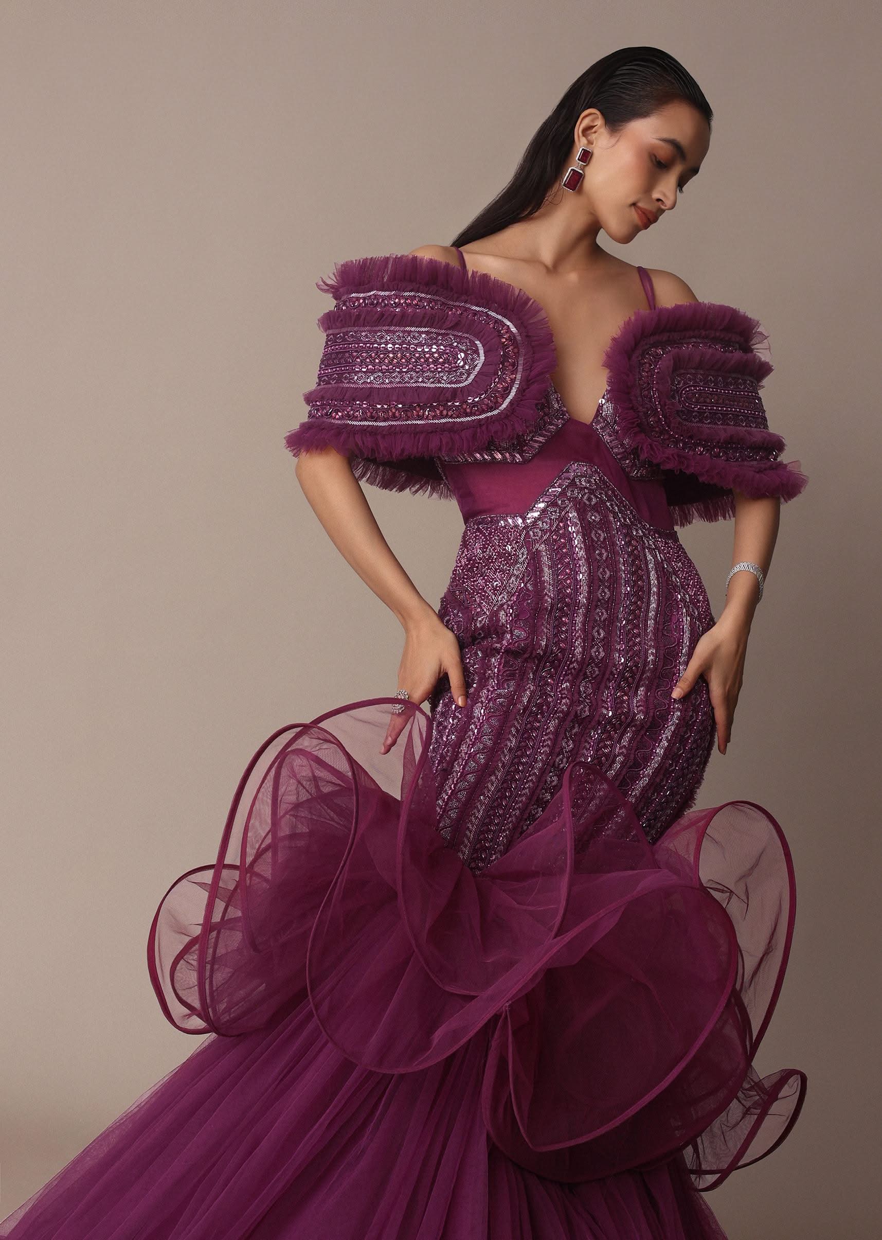 Deep Purple Organza Fish Cut Gown With 3D Ruffles - Image 5