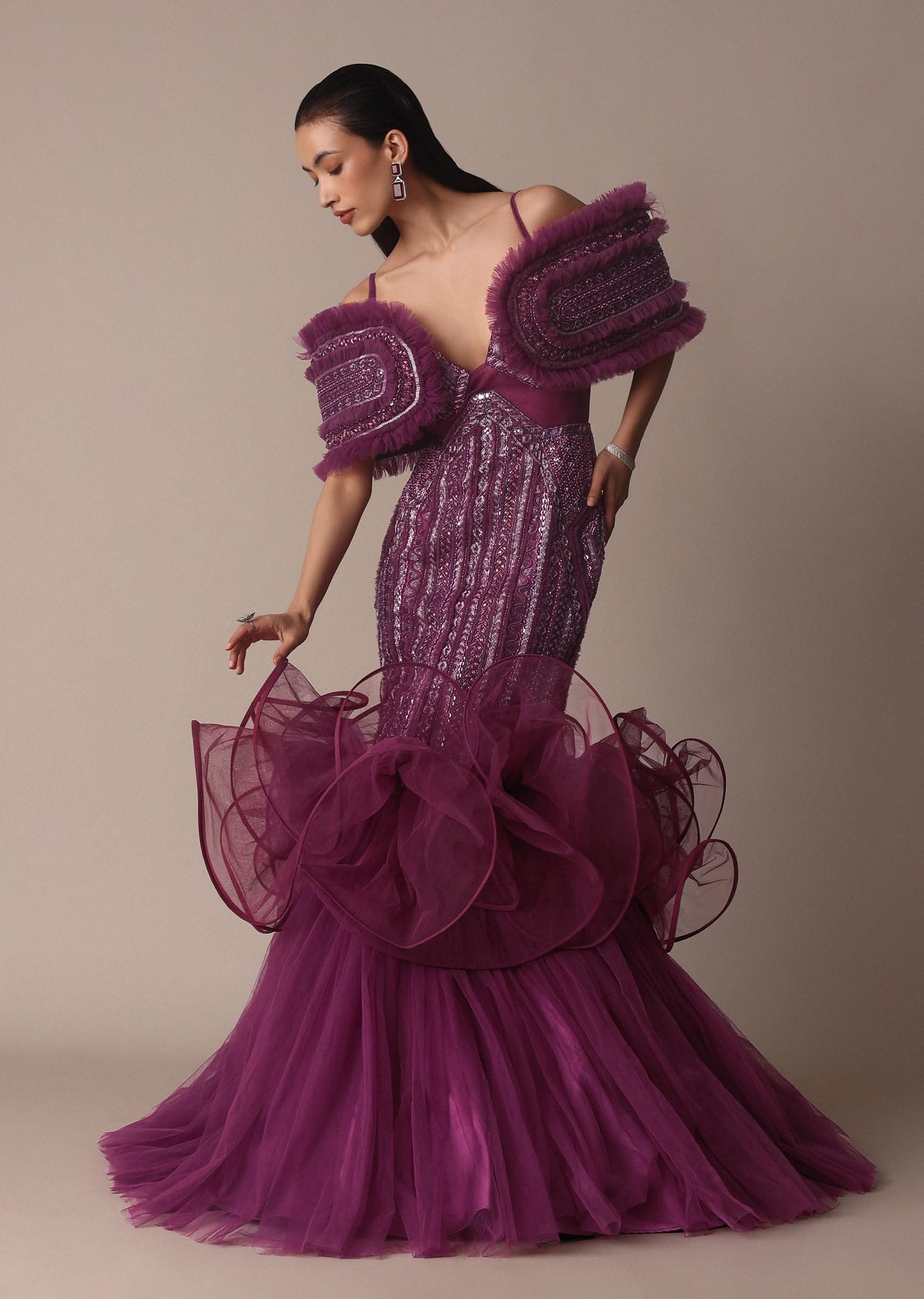 Deep Purple Organza Fish Cut Gown With 3D Ruffles - Image 7