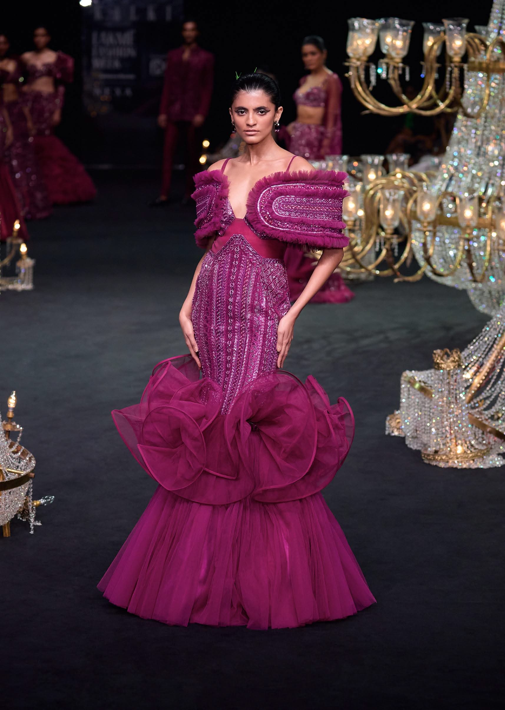 Deep Purple Organza Fish Cut Gown With 3D Ruffles - Image 8