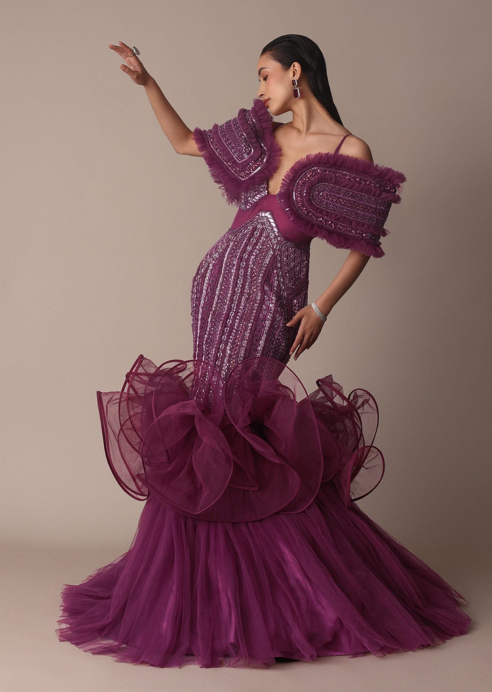 Deep Purple Organza Fish Cut Gown With 3D Ruffles - Image 9