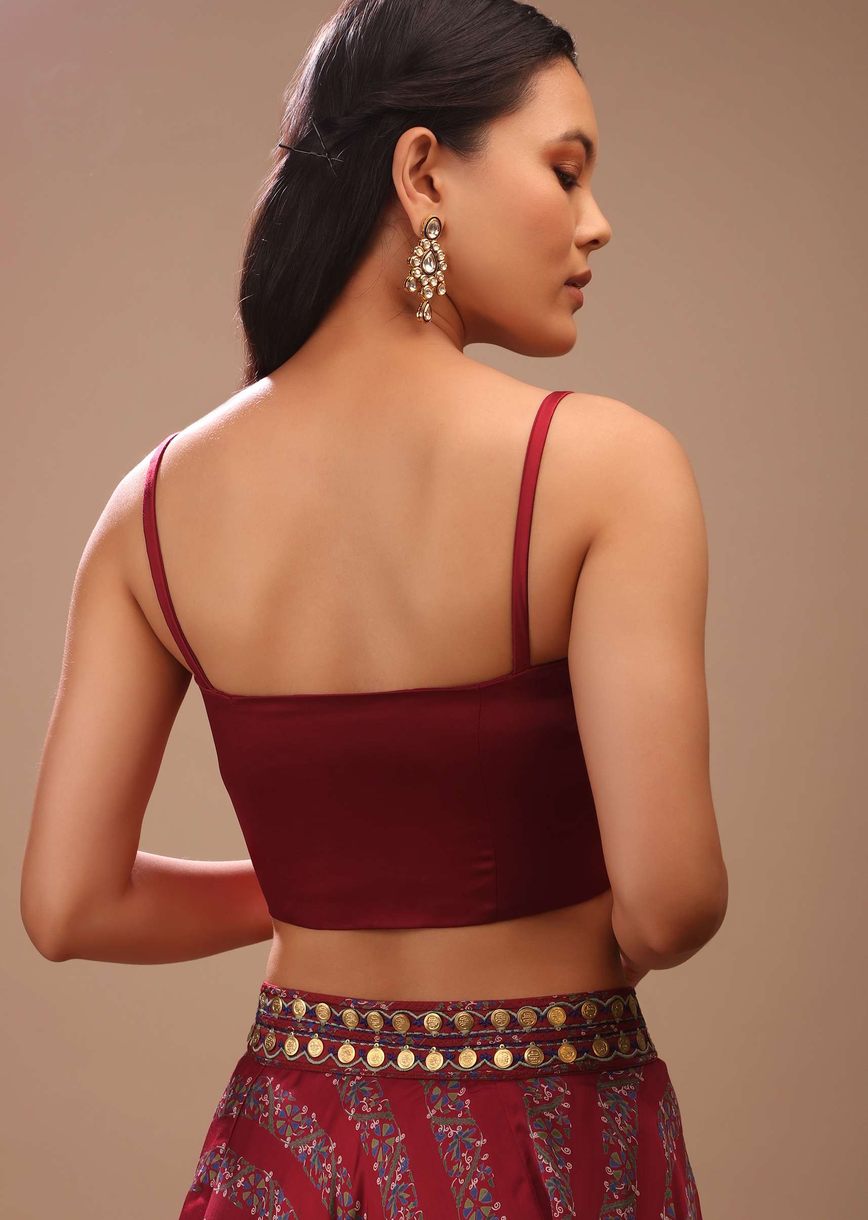 Deep Red Blouse In Satin With Front Zip Closure, Strap Sleeves And Corset Neckline - Image 5