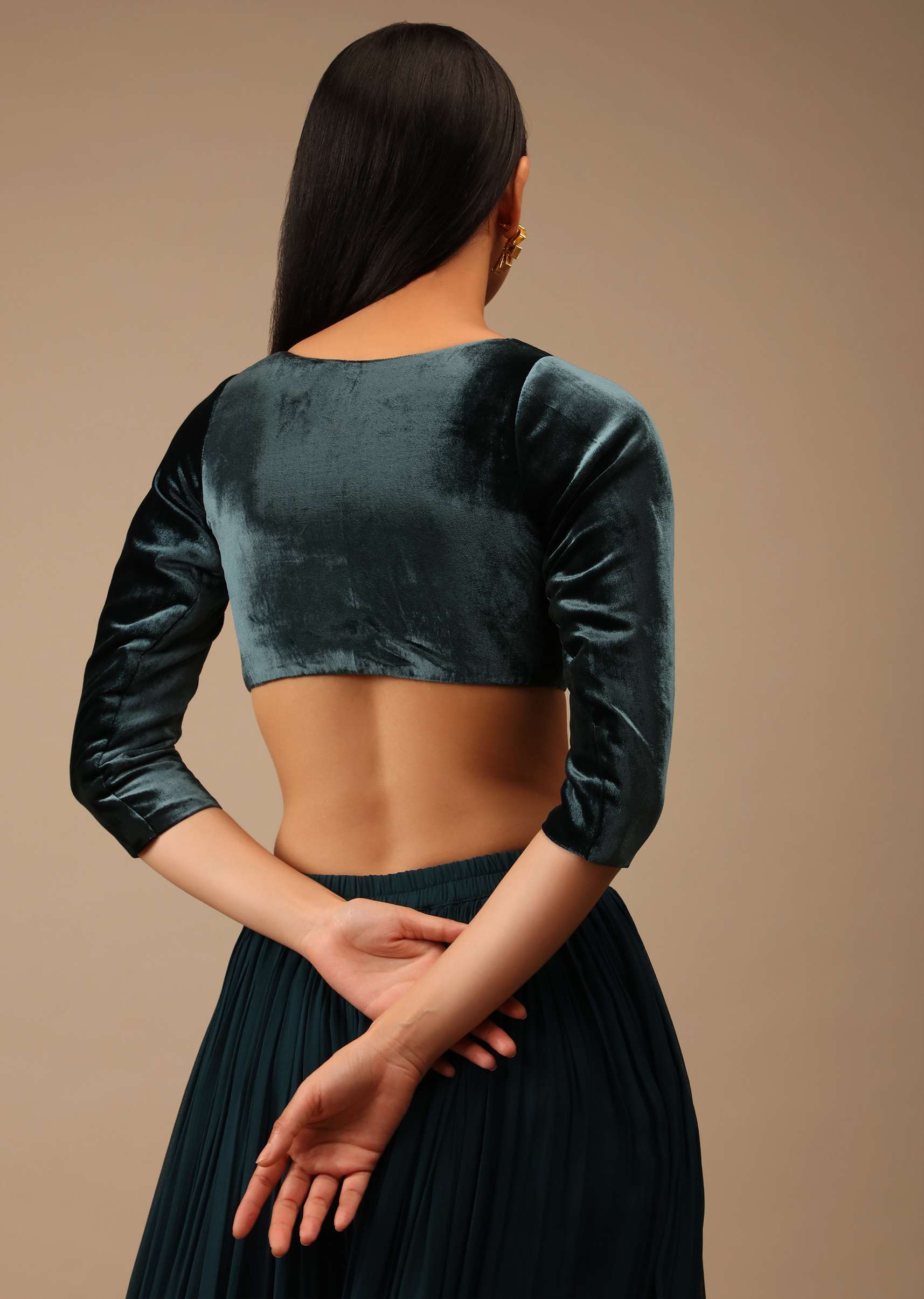 Deep Teal Blue Blouse In Velvet With Three Quarter Sleeves And Round Neckline - Image 2